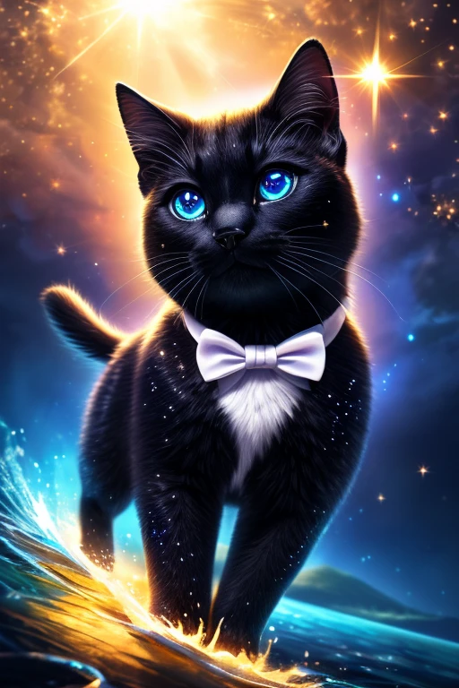 (Highest quality、masterpiece、8k))、Anatomically correct、Very detailed、High resolution、Realistic、((Beautiful, sparkling, detailed eyes))、Intricate details、Cinematic lighting、((Dynamic composition))、Cute black kitten、Beautiful island、heaven、Welcoming black kitten、tuxedo
