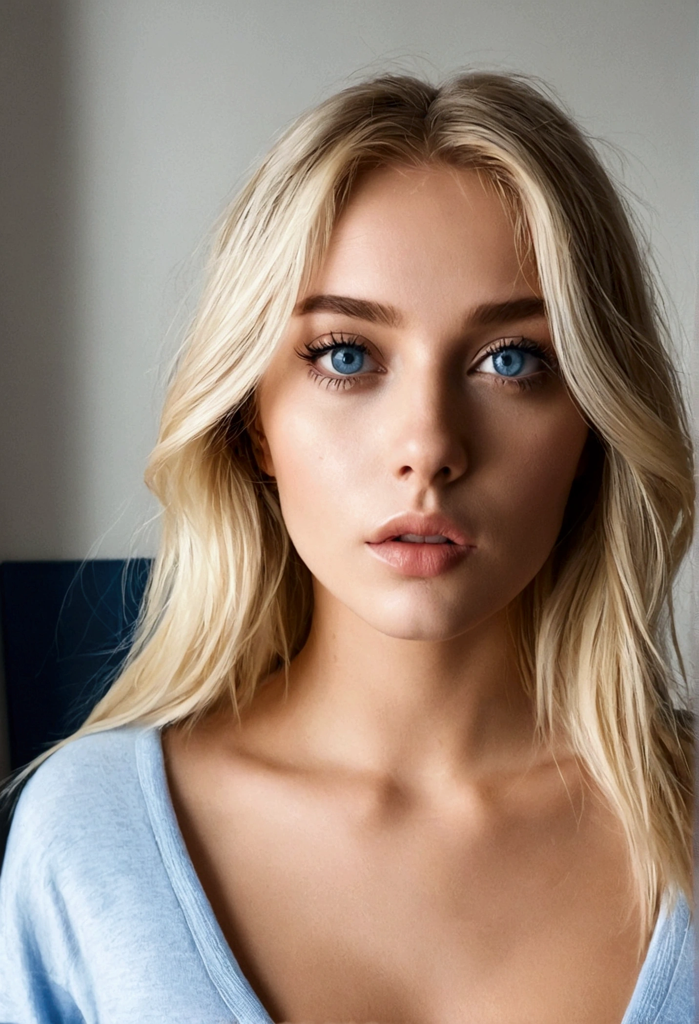 influenceur Instagram féminin norvégienne blonde avec des yeux bleus réaliste. Meilleure qualité 1 fille dans différentes sous vêtements sexy. Prise en photo de face dans une chambre  de luxe