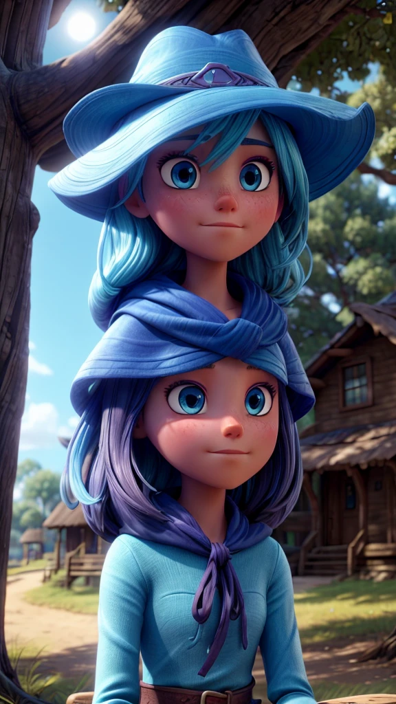 A mysterious stranger named Elowen, with striking blue eyes and sun-kissed skin, arriving in the village and sitting beneath the branches of "The Whisper," gazing thoughtfully, HD, 4K, HIGH RESOLUTION