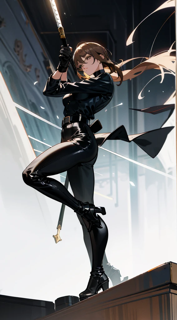 score_9, score_8_up, score_7_up, rating_explicit, Expressiveh, best quality, masterpiece, highly detailed, (highest resolution, distinct_image), a woman, solo, semi realistic, brown hair, bangs, 23 years old, (large breasts:0.5),mature, young, tall strong, (plain and simple uniform), (plain minimalist military uniform), (luxury hotel room background:1.2), cold, serious, tall, handsome, autocratic, powerful, demi-god, exquisite facial features, exquisite facial features, (full body), (black knee-high boots:1.4), (dominatrix:1), (white Yoga pants:1.3), (black leather gloves:1.5), (black active sportswear shirt), (samus), solo, 1girl, (looking at viewer), (from below:1.1), (head turned upwards:0.3), (smiling:0.4), (bodysuit:0.1), (holding riding crop:1.2), (muscular:0.85), (black belt:1.3), (shirt tucked in pants), (standing on ground), (marble floor), (mean:0.4), (seductive:0.5), (evil:0.6), detailed, (tall face:0.25), (abs:0.4), (slender:0.5), (bdsm Equipment), (Pale eyes), (throne)