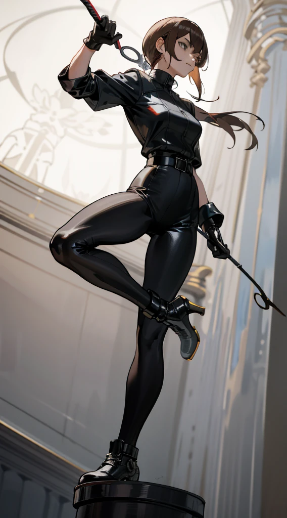 score_9, score_8_up, score_7_up, rating_explicit, Expressiveh, best quality, masterpiece, highly detailed, (highest resolution, distinct_image), a woman, solo, semi realistic, brown hair, bangs, 23 years old, (large breasts:0.5),mature, young, tall strong, (plain and simple uniform), (plain minimalist military uniform), (luxury hotel room background:1.2), cold, serious, tall, handsome, autocratic, powerful, demi-god, exquisite facial features, exquisite facial features, (full body), (black knee-high boots:1.4), (dominatrix:1), (white Yoga pants:1.3), (black leather gloves:1.5), (black active sportswear shirt), (samus), solo, 1girl, (looking at viewer), (from below:1.1), (head turned upwards:0.3), (smiling:0.4), (bodysuit:0.1), (holding riding crop:1.2), (muscular:0.85), (black belt:1.3), (shirt tucked in pants), (standing on ground), (marble floor), (mean:0.4), (seductive:0.5), (evil:0.6), detailed, (tall face:0.25), (abs:0.4), (slender:0.5), (bdsm Equipment), (Pale eyes), (throne)