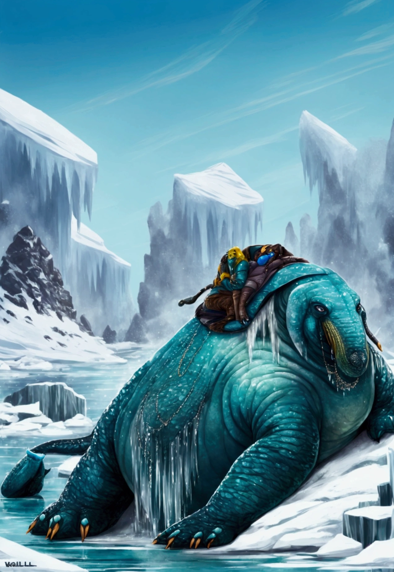 hybrid creature, walrus, big, fur, amphibian, ice, lies on the shore, ice shore