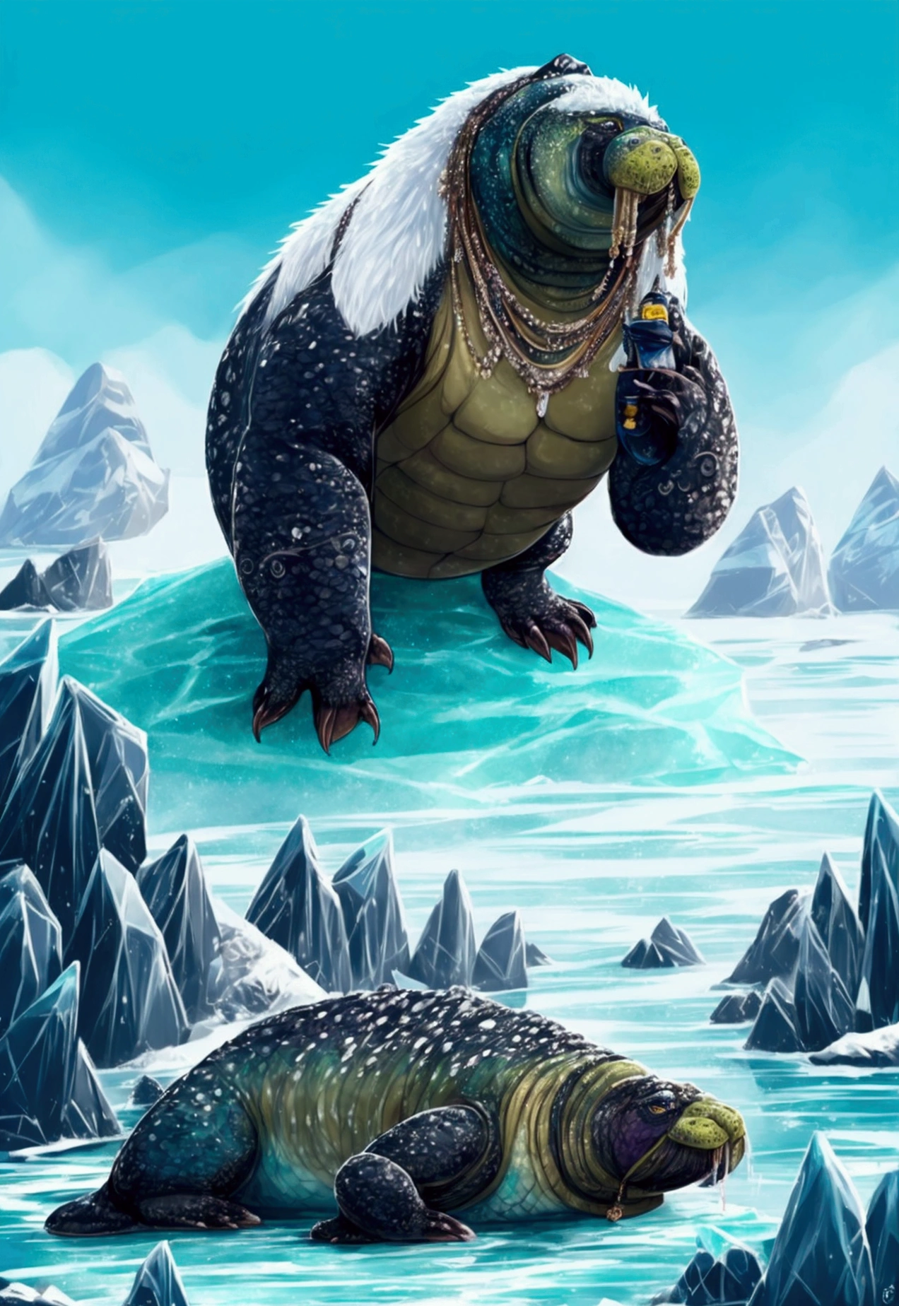 hybrid creature, walrus, big, fur, amphibian, ice, lies on the shore, ice shore