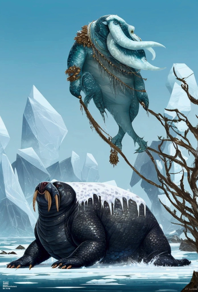 hybrid creature, walrus, big, fur, amphibian, ice, lies on the shore, ice shore