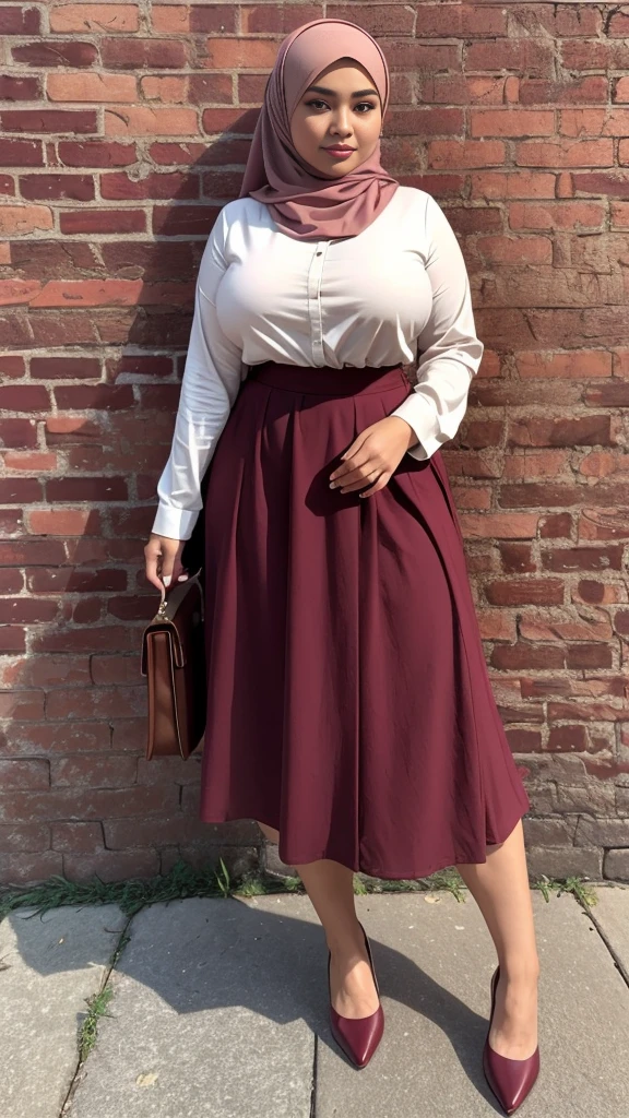 RAW, Best quality, high resolution, masterpiece: 1.3), beautiful Malay woman in hijab, Masterpiece, perfect fit body, big breasts, thick thighs, beautiful big eyes, Soft smile, muslim woman in a maroon top and beige maroon skirt leaning against a brick wall, with lovely look, wearing a maroon fisher 🧥, 🤠 using maroon a 🖥, taupe, maroon long skirt, City parks, Great lighting, Bright colors, Ultra realistic clean lines, very realistic