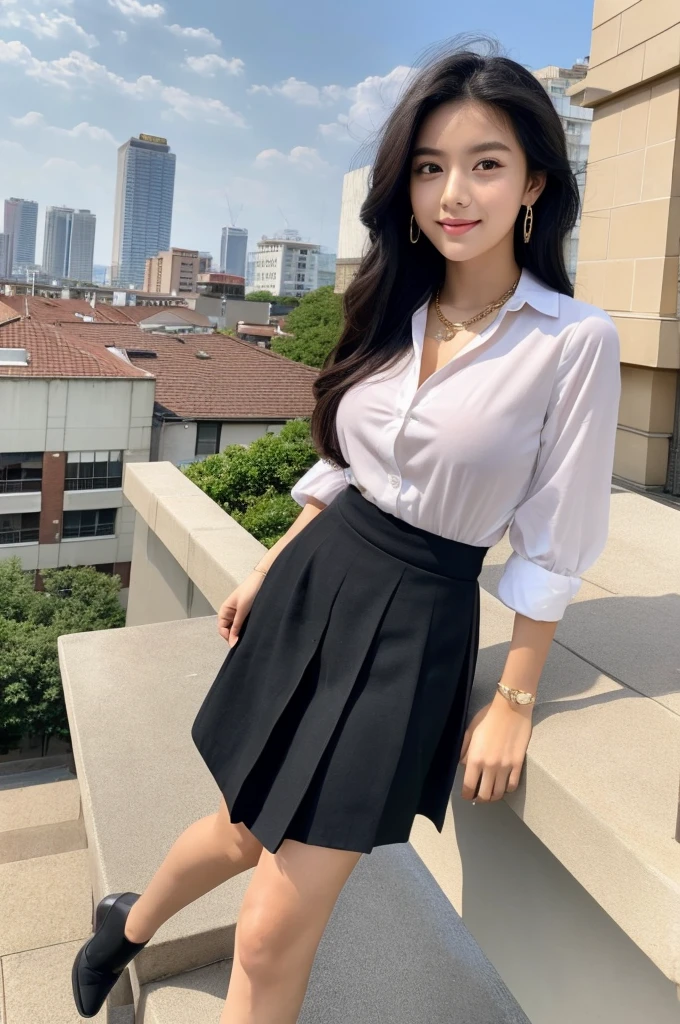 Rooftop of university building, 4th year university student, ((full body)), ((photo)), ((best qualtiy, 8K, tmasterpiece:1.3)), Focus:1.2, perfect figure beautiful girl:1.4, 1girl, cowboy shot, look at viewer, eyes facing the camera, incredibly absurd, beautiful and cute girl with a photorealistic face, showcasing top-quality craftsmanship, A Japanese girl watching the sunset on the roof of a university building, 19 years old, long, straight, silky black hair, fair skin, big eyes, thin eyebrows, double eyelids, long eyelashes, pink lips, smile, devilish smile, gorgeous features, well-defined facial features, beautiful face line, mysterious beauty, slender, tall, well-balanced proportions, large E-cup breasts, white shirt, tight black skirt, beige pumps, gold necklace and bracelet, small earrings, elegant ring, pretty girl, beauty, devilish type, pretty older sister, passionate about art, sociable, friendly, positive, has leadership skills, is proactive, is flexible, gets things done efficiently, works hard towards dreams and goals, March