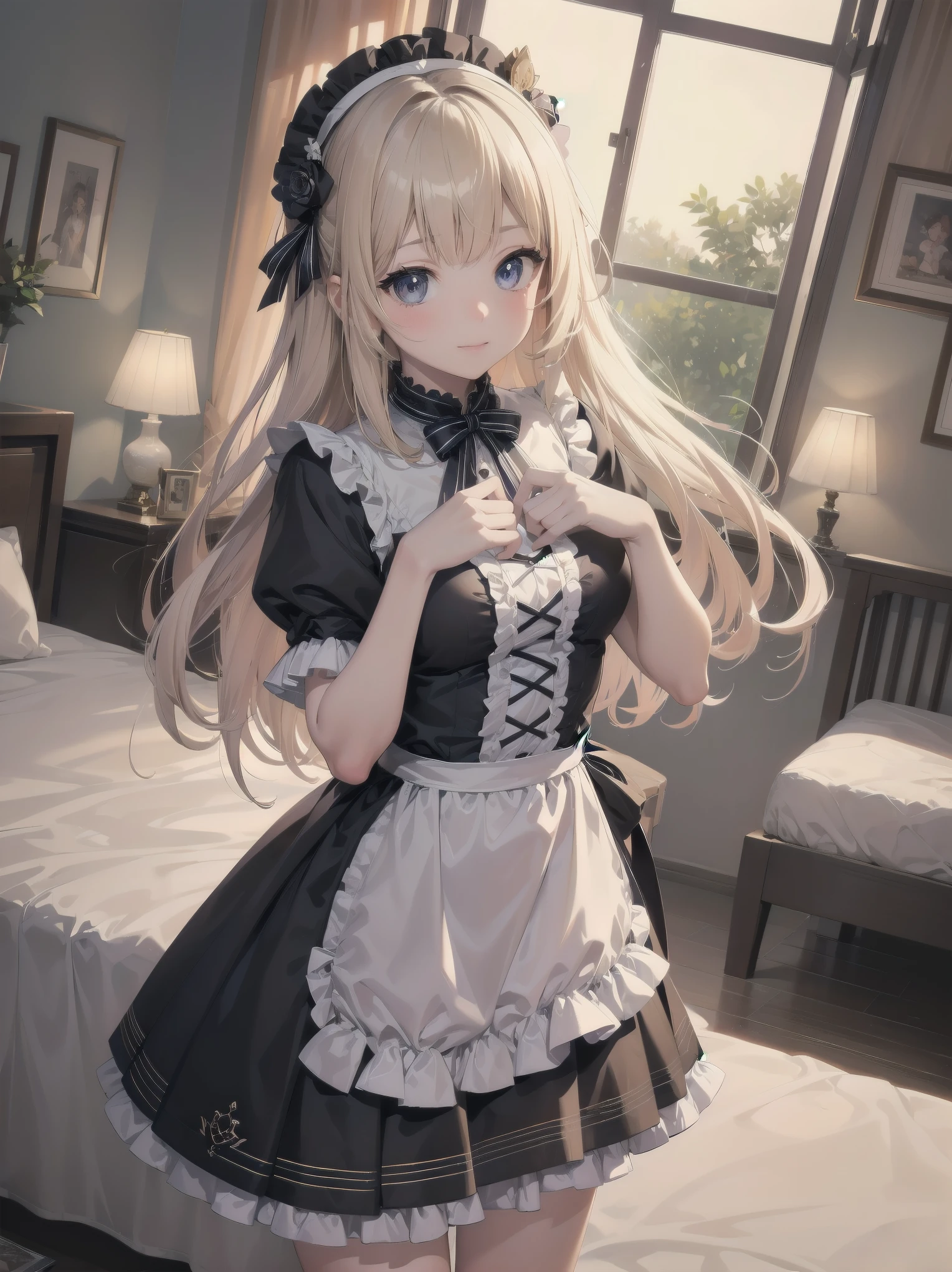 masterpiece, illustration, ultra detailed, kawaii, one girl, solo, sister in super cute pose, bedroom, cowboy shot, SFW, dynamic angle