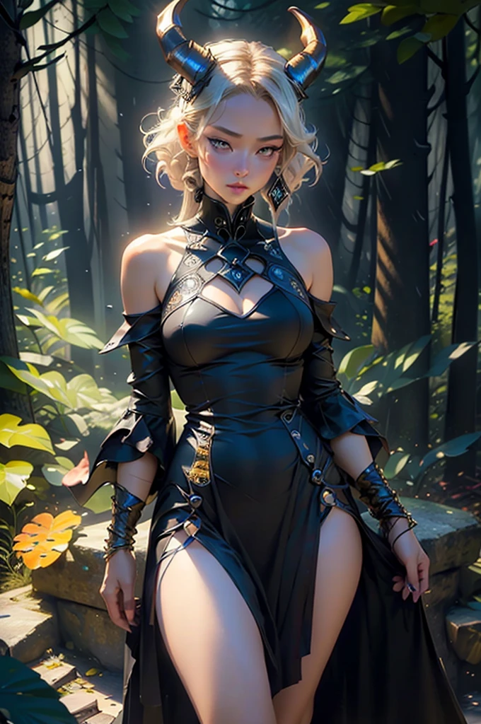 Masterpiece, Best Quality, ultra detailed, illustration, epic lighting, cinematographic composition, isometric,(Hexagon:1.2), 1 girl, horns, Alone, yellow eyes, black fur, wide, (low wings:1.2), slit pupils, neckline, bare shoulders, hair between the eyes, big breasts, (White dress:1.1), golden ornaments, detached neck, session, standing, looking at the viewer, half closed eyes, (looking at the viewer:1.1), Chapped lips, blush, In the woods, particle effects,