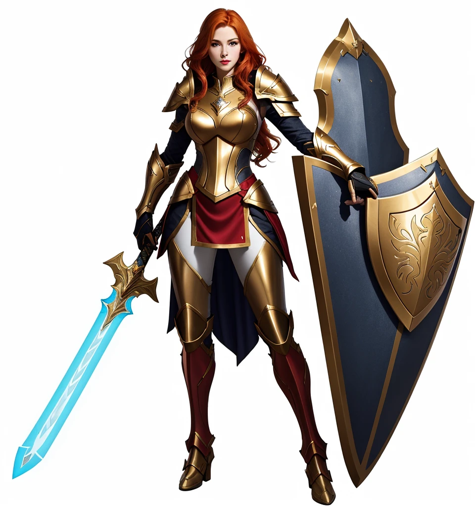 paladin, female, full armor, white armor, sexy, pretty face face, glowing armor, wonderfull, looks like "leona" from "league of legends", full body, Meilleure qualité, 1fille, seulement, gros seins, clivage, rideaux de poitrine, glowing sword, red white and gold shield color, red white and gold armor, ginger hair color, fin lips,