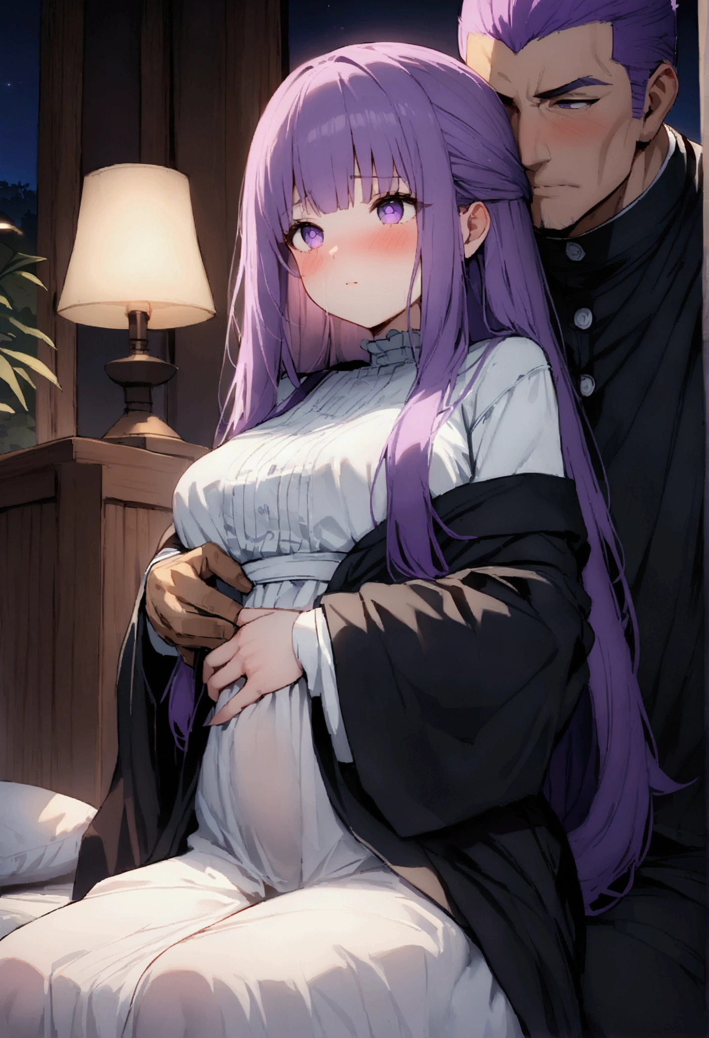 NSFW,masterpiece,Highest quality,High resolution,Super detailed,Fern\(Funeral of Frieren\),Purple eyes,Purple Hair,Long Hair,White Dress,Robe,blush,expectant face,Inn at night,bedroom,(Warrior Men),Sitting next to a man,A man puts his hands on her waist and hugs her