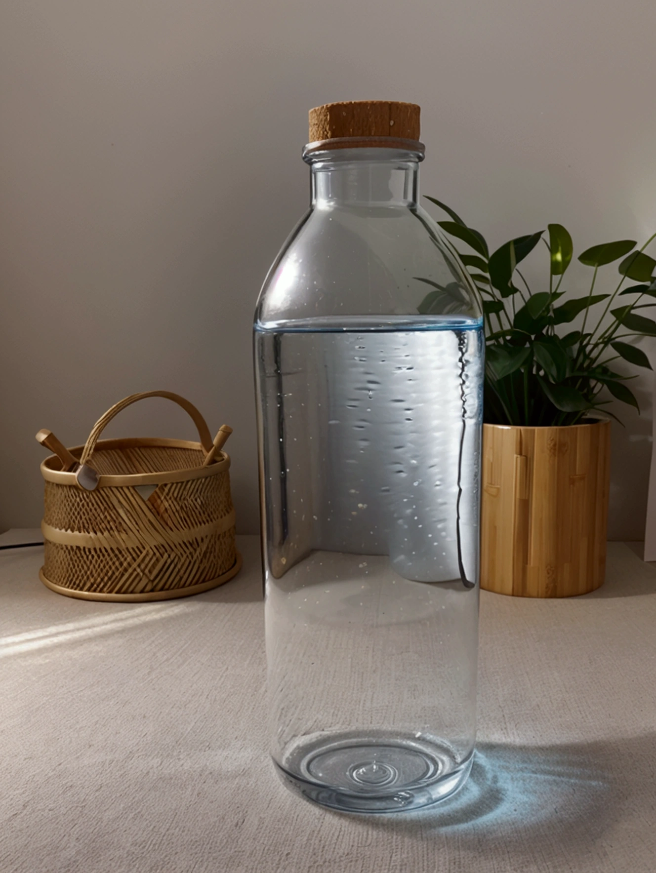 Generate a water bottle, should have a slight curve, similar to a hip, and be a little wider than usual. The bottle must be completely transparent. Fill the bottle with water, and also fill a similar glass of water. The bottle cap must have a bamboo straw integrated into one piece. On both sides of the bottle, place blue flowers and beautiful leaves in the background of the stage. Adjust the lighting to be hyper-realistic, with the light coming from the left side. Make sure everything appears to be in the same place at the same time. High quality image. Bring the camera closer to the bottle, make the bamboo lid with the Carrizo integrated into the design, give the bottle a rounded shape