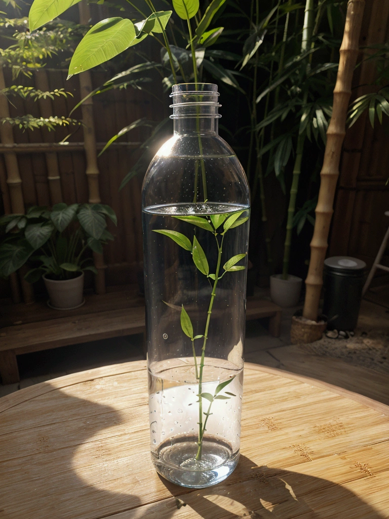 Generate a water bottle, should have a slight curve, similar to a hip, and be a little wider than usual. The bottle must be completely transparent. Fill the bottle with water, and also fill a similar glass of water. The bottle cap must have a bamboo straw integrated into one piece. On both sides of the bottle, place blue flowers and beautiful leaves in the background of the stage. Adjust the lighting to be hyper-realistic, with the light coming from the left side. Make sure everything appears to be in the same place at the same time. High quality image. Bring the camera closer to the bottle, make the bamboo lid with the Carrizo integrated into the design, give the bottle a rounded shape