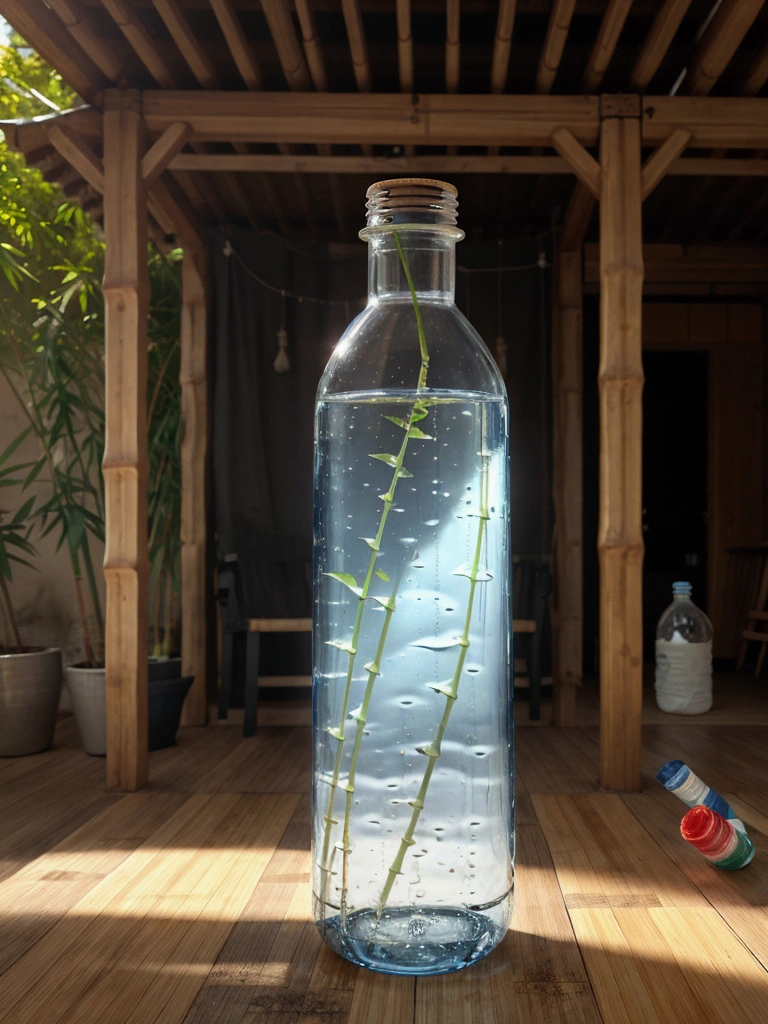 Generate a water bottle, should have a slight curve, similar to a hip, and be a little wider than usual. The bottle must be completely transparent. Fill the bottle with water, and also fill a similar glass of water. The bottle cap must have a bamboo straw integrated into one piece. On both sides of the bottle, place blue flowers and beautiful leaves in the background of the stage. Adjust the lighting to be hyper-realistic, with the light coming from the left side. Make sure everything appears to be in the same place at the same time. High quality image. Bring the camera closer to the bottle, make the bamboo lid with the Carrizo integrated into the design, give the bottle a rounded shape