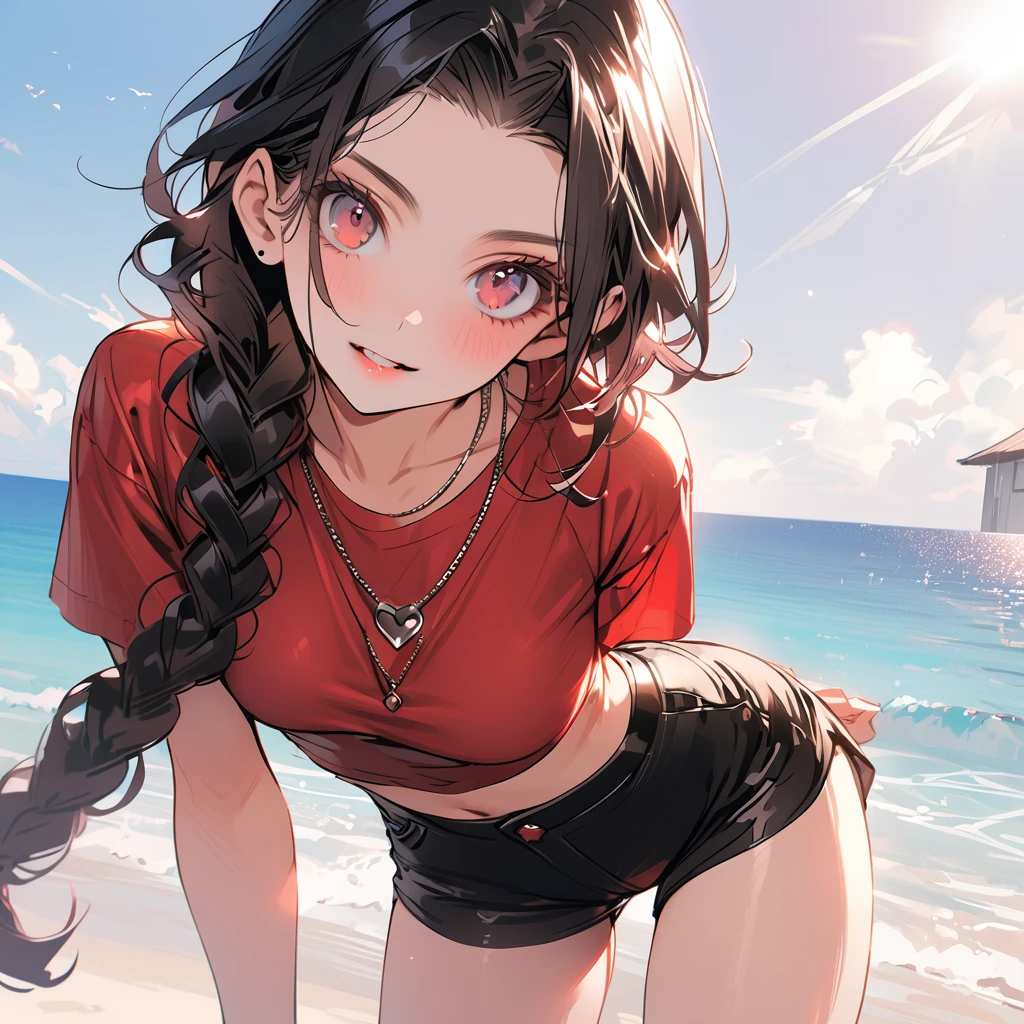 4K, June Scenario, Beautiful darksin woman, long braided hair, black hair, medium breasts, hazel colored eyes, red shirt, hot pants, black necklace, gazing at viewer, natta, beautiful beach background