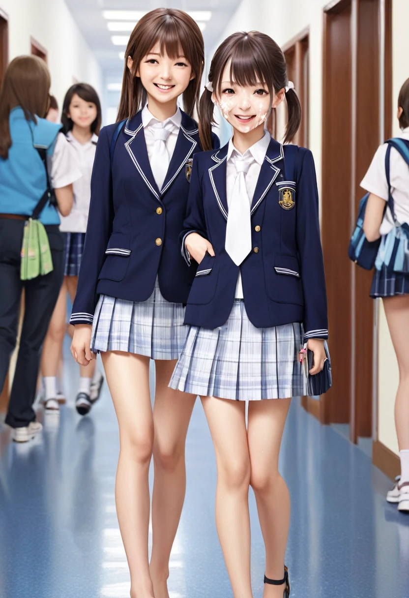 (realistic:1.3), ((school hallway:1.2),finely detailed, quality,(masterpiece:1.2), (photorealistic:1.2), (best quality), (detailed skin:1.3),
(multiple girls:1.4), school hallway, , talking,(in the crowd of people),2 girl,
Japanese girl, ,(small brests:1.3),(skinny:1.3),akb48,nogizaka46,cute,(wearing school uniform),(Navy blazer:1.1),( white blouse:1.1),(ribbon:1.1),short ponytails,,(navel),(carrying a backpack:1,1),detailed skin texture, (smile:1.1), ,(pumps),(brightly lit,school hallway), (high brightness:1.1),(facial:1.7),(cum on face:1.7),(cum on clothes:1.5),(cum on legs:1.5),(young expression:1.5),(junior high ody:1.1),open mouth,(fullnude:1.8),