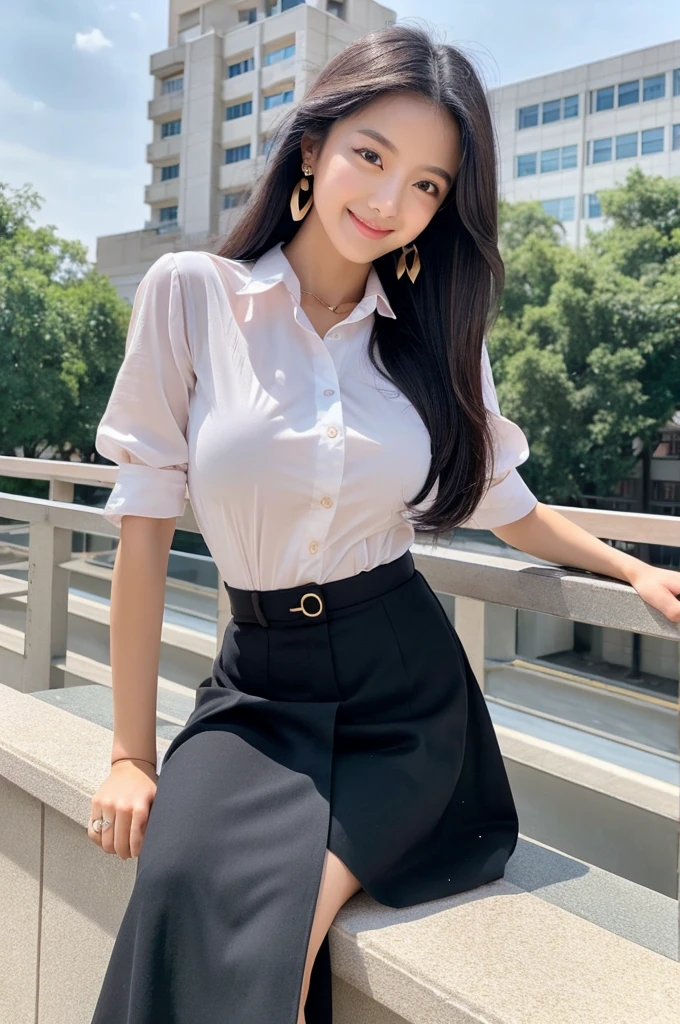 Rooftop of university building, 4th year university student, ((full body)), ((photo)), ((best qualtiy, 8K, tmasterpiece:1.3)), Focus:1.2, perfect figure beautiful girl:1.4, 1girl, cowboy shot, look at viewer, eyes facing the camera, incredibly absurd, beautiful and cute girl with a photorealistic face, showcasing top-quality craftsmanship, A Japanese girl watching the sunset on the roof of a university building, 19 years old, long, straight, silky black hair, fair skin, big eyes, thin eyebrows, double eyelids, long eyelashes, pink lips, smile, devilish smile, gorgeous features, well-defined facial features, beautiful face line, mysterious beauty, slender, tall, well-balanced proportions, large E-cup breasts, white shirt, tight black skirt, beige pumps, gold necklace and bracelet, small earrings, elegant ring, pretty girl, beauty, devilish type, pretty older sister, passionate about art, sociable, friendly, positive, has leadership skills, is proactive, is flexible, gets things done efficiently, works hard towards dreams and goals, March