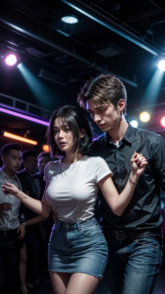 "Create a realistic illustration of a 25-year-old couple running out of a nightclub, holding hands, looking like they are running away or hiding from someone. He has short hair and wears a formal shirt with jeans.. She has dark hair and wears an elegant dress.. The club is full of colorful lights and people dancing in the background. The lighting of the scene should reflect the lively atmosphere of the club, with flashing lights and a vibrant atmosphere, highlighting the urgency and tension of the couple."