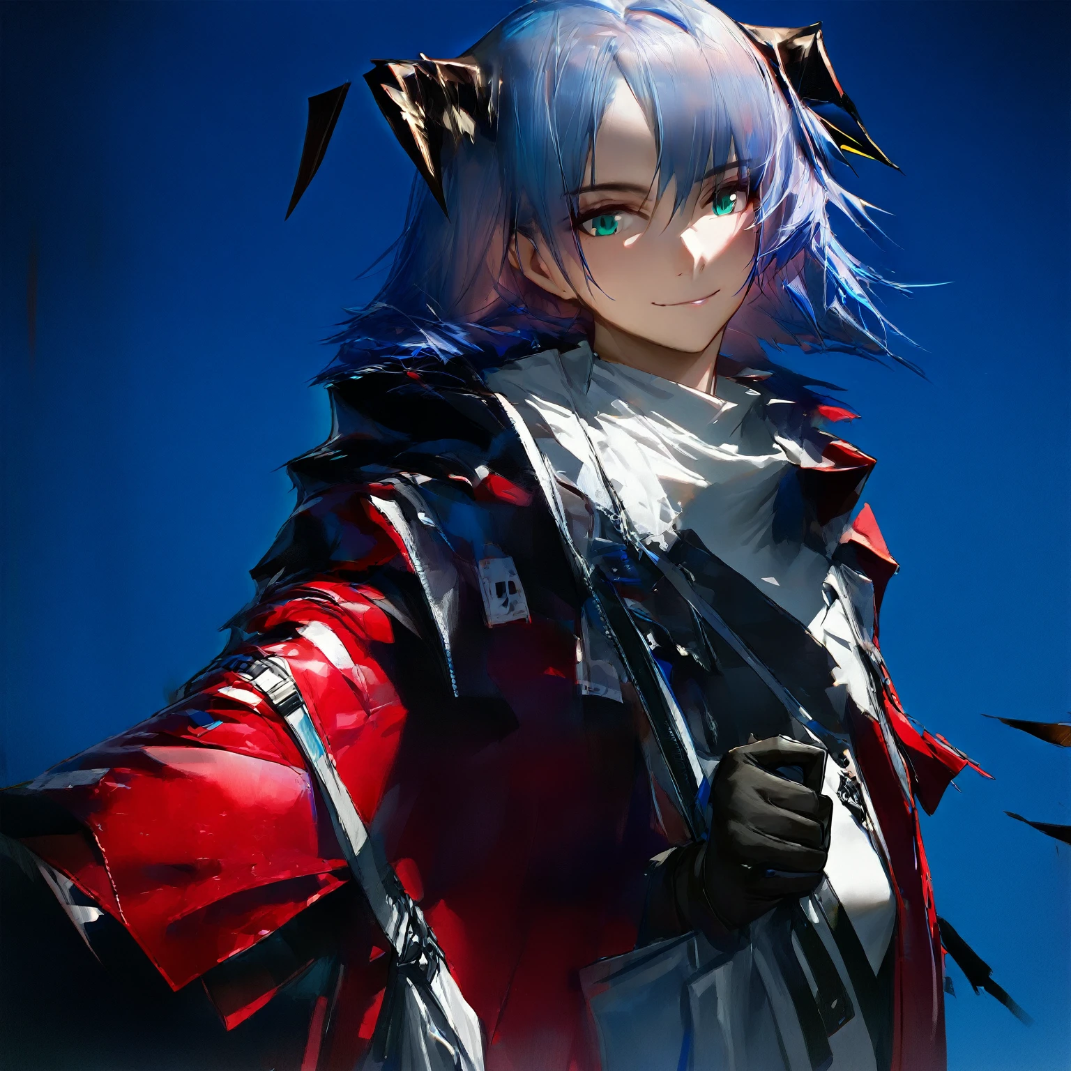 (woman), ((Mostima from arknights)), masterpiece, best quality, blue hair, ((short hair)), horns, plain white shirt, red fullbody coat, dark blue eyes, realistic anime style, smile, ((portrait)), black gloves, carring a bag.