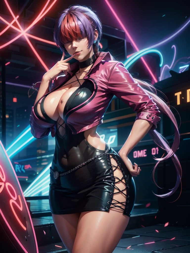 (night), in a video game scene with a neon background and a neon light, Standing at attention, pink suit, pink jacket, choker, neckline, clothing cut, earrings, purple hair, she has long bangs in her hair that cover her eyes ((hair over eyes)), 1 girl, 20 years old, Young woman, Beautiful finger, Beautiful long legs, Beautiful body, Beautiful nose, Beautiful character design, perfect face, looking at viewer (focusing on his face), mouth closed, Light_Smile, official art, extremely detailed CG unity 8k wallpaper, perfect lighting, colorful, bright front lighting, shiny skin, (masterpiece: 1.0), (best_quality: 1.0), ultra-high resolution, 4K, ultra-detailed, photography, 8K, HDR, high resolution, absurdities:1.2, Kodak portra 400, film grain, blurred background, bokeh:1.2, lens flare, (vibrant_color:1.2), professional photography, (Beautiful, breasts: 1.4), (beautiful_face: 1.5), (narrow_waist),
