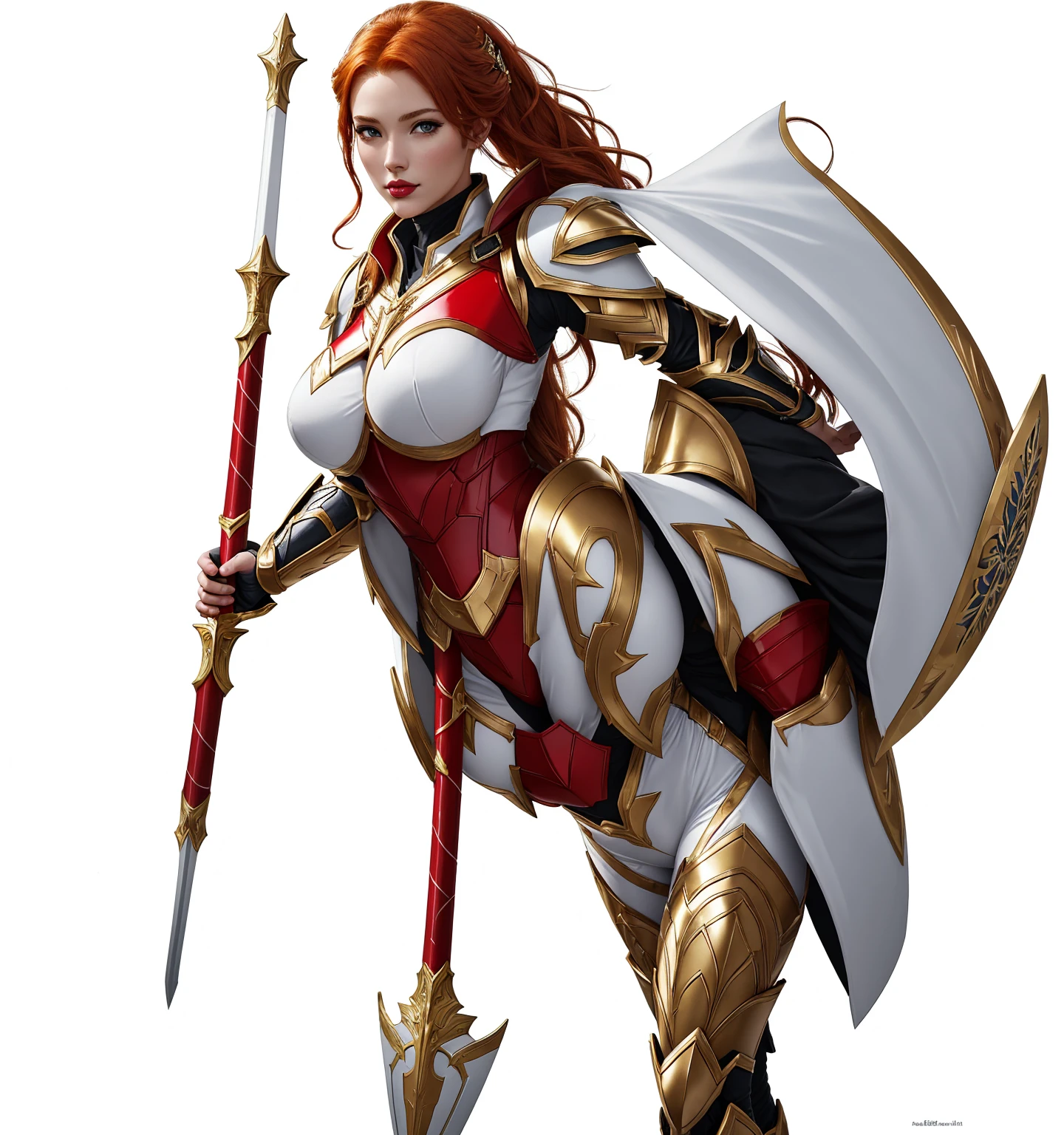 paladin, female, full armor, white armor, sexy, pretty face face, glowing armor, wonderfull, looks like "leona" from "league of legends", full body, Meilleure qualité, 1fille, seulement, gros seins, clivage, rideaux de poitrine, glowing sword, red white and gold shield color, red white and gold armor, ginger hair color, fin lips,