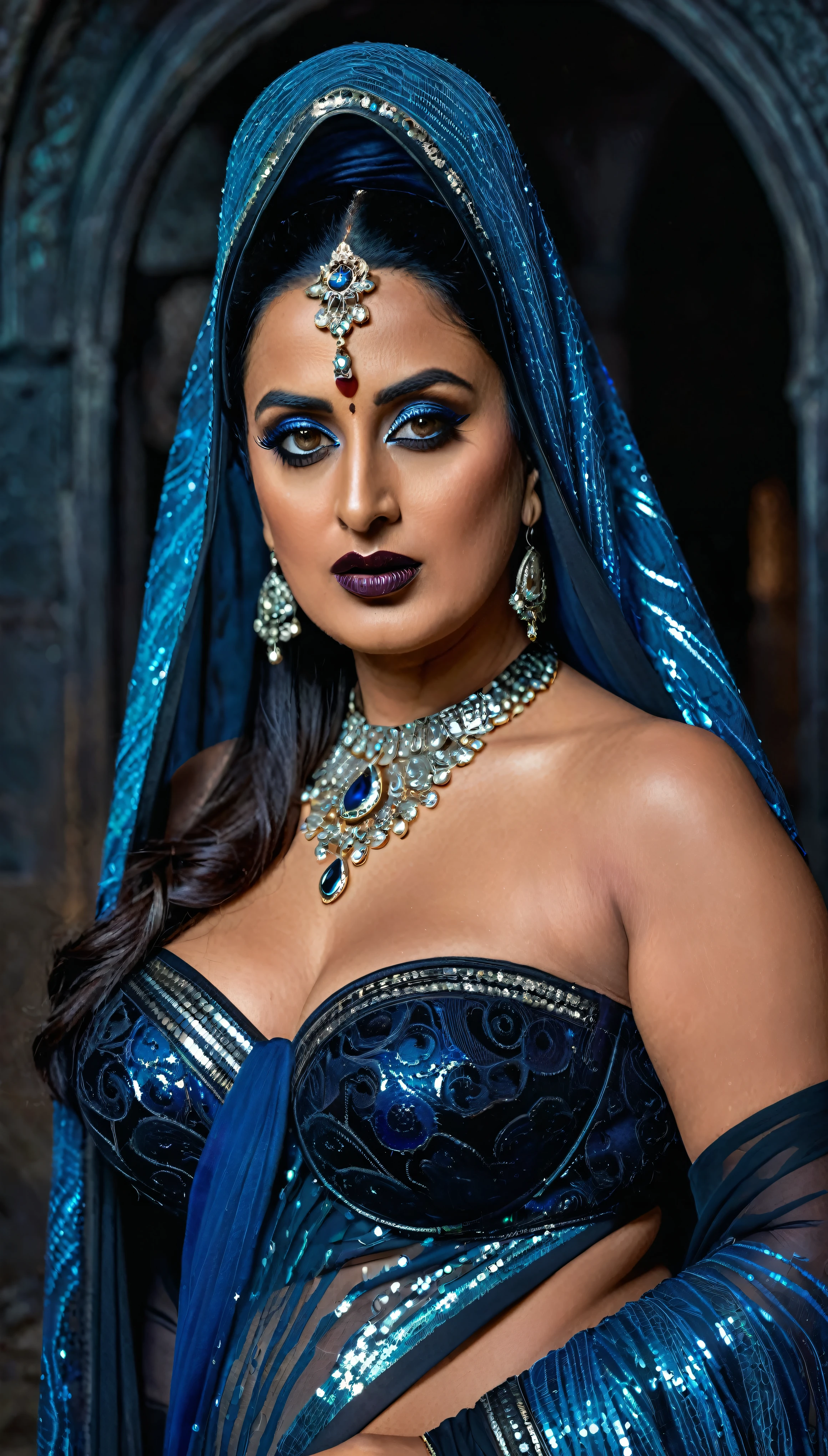 Looks like Mahie Gill, full body Closeup shot, Big chubby aunty, milf, cougar lady witch, horny Gothic milf, 70 years old gorgeous mature lady, pervert demoness, demoness of lust, curvy, black lips, horny face, extremely gorgeous, thick figure, heavy physique, voluptuous, curvy, sexy figure, Fashionable portrait of androgynous alien looking witch wearing veil, glowing eyes, futuristic design, minimal details, givenchy, photoreal, 200mm, hd, f/ 2.0, highly detailed, surreal, sexy beautiful evil woman, sexy bold sequin Saree with strapless Bra, chudail, Pishachini, horror genre, blood-thirsty enchantress, powerful female spirit, eerie, drop dead, in the style of red and blue, (intricate details, hyperdetailed:1.15) (skin texture:1.2), dark Moody tone, cinematic lighting, haunted place in background,