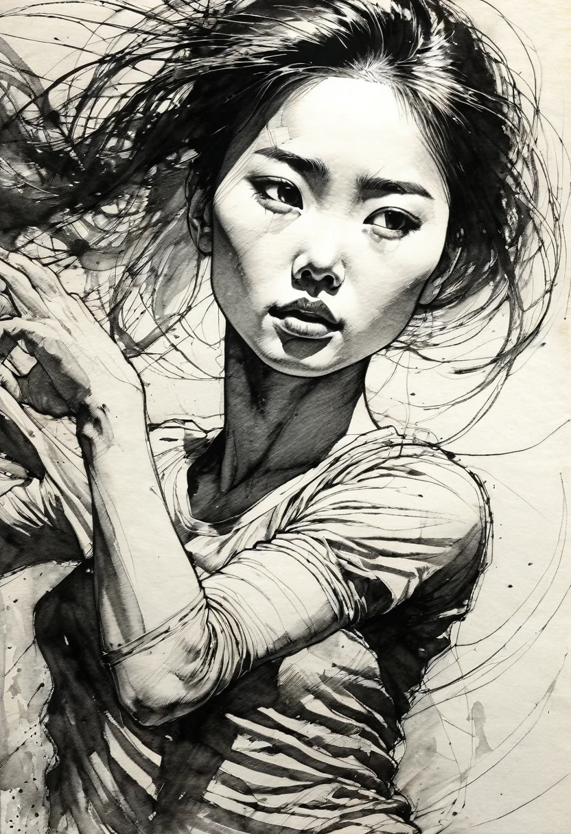 (best quality, high resolution, masterpiece:1.2), Super detailed, actual:1.37, black ink sketch, smooth lines, Expressive facial expressions and gestures, simple background, Emphasis on light, shadow and spatial perception, Abundant negative space, young girl. con el estilo de Kim Jung Gi. En una perspectiva  multiple