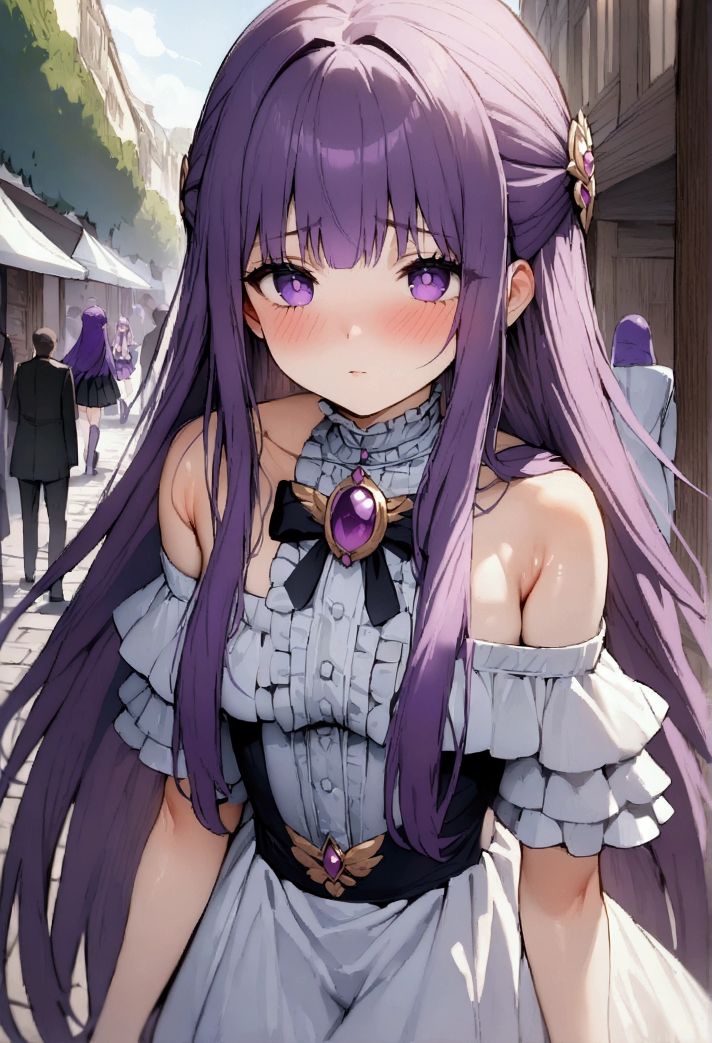 NSFW,masterpiece,Highest quality,High resolution,Super detailed,Fern\(Funeral of Frieren\),Purple eyes,Purple Hair,Long Hair,Fantasy,(Magical girl),Frill dress,Off the shoulder,mini skirt,brooch,gem,blush,bustling street