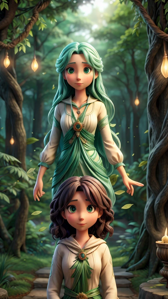 The leaves of "The Whisper" swirling in the wind, with a mystical aura as Elowen listens intently, surrounded by an enchanting forest backdrop hinting at hidden treasures, HD, 4K, HIGH RESOLUTION