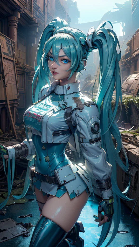 (The best quality,A high resolution,Ultra - detailed,actual), Miku Hatsune, ,(Ruined alley Tokyo cyberpunk dungeon ruins background :1.4 ), big breasts, dynamic pose , (green hair twin tails) ,(short white mini skirt:1.4), very long hair) , Put your arms behind your back, (Beautiful blue eyes:1.4) , relaxed face, eyebrow hair, shiny hair,,(Ruined dungeon ruins background:1.4 ), shiny skin, a slight smile, Racing Miku, black body, short jacket, White jacket, long sleeve, two tone gloves, thigh high boots,,(Ruined dungeon ruins background nublado lluvia :1.4 ),(Masterpiece: 1.4), (8k, realist, raw photo, The best quality: 1.4),(Miku Hatsune:1.4), (Miku Hatsune V2.1), (Face details: 1.5, (beautiful blue eyes :1.4) , (beautiful face, labios Delgados: 1.5) , Delgado, pale and sharp eyebrows, long, dark eyelashes, double eyelashes),perfect hands: 1.5, (Kinematics V2.1),( dynamic pose), (perfect anatomy), (detailed face :1.4), (not mutations)