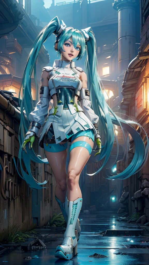 (The best quality,A high resolution,Ultra - detailed,actual), Miku Hatsune, ,(Ruined alley Tokyo cyberpunk dungeon ruins background :1.4 ), big breasts, dynamic pose , (green hair twin tails) ,(short white mini skirt:1.4), very long hair) , Put your arms behind your back, (Beautiful blue eyes:1.4) , relaxed face, eyebrow hair, shiny hair,,(Ruined dungeon ruins background:1.4 ), shiny skin, a slight smile, Racing Miku, black body, short jacket, White jacket, long sleeve, two tone gloves, thigh high boots,,(Ruined dungeon ruins background nublado lluvia :1.4 ),(Masterpiece: 1.4), (8k, realist, raw photo, The best quality: 1.4),(Miku Hatsune:1.4), (Miku Hatsune V2.1), (Face details: 1.5, (beautiful blue eyes :1.4) , (beautiful face, labios Delgados: 1.5) , Delgado, pale and sharp eyebrows, long, dark eyelashes, double eyelashes),perfect hands: 1.5, (Kinematics V2.1),( dynamic pose), (perfect anatomy), (detailed face :1.4), (not mutations) 