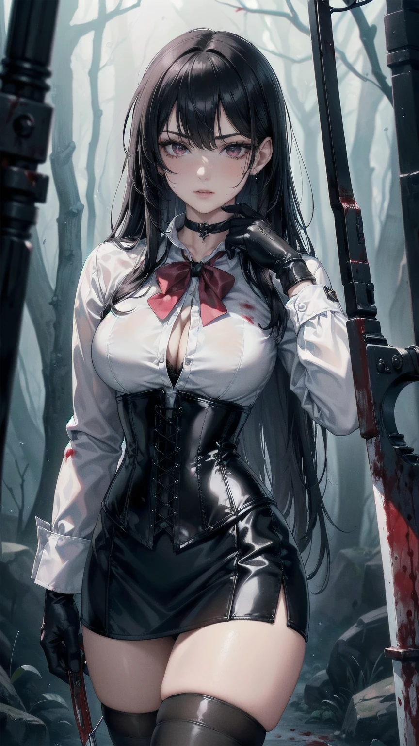 ((blood droplets)), ((blood)), ((blood splatter)), ((blood on clothes)) ((blood stain)), Masterpiece, Superior image quality, high resolution, 4k image,photo and gross, photorealistic, whole body, distant view, 1 young man of , {{{vagina}}}, beautiful face, long black hair, black eyes, very detailed eyes, pink cheeks, serious expression, choker:1.6, (white collar button down long sleeve shirt), black gloves, gloves that cover hands, (holding a light crossbow in the right hand), (black leather corset), (shiny black miniskirt), Sensual Lips, show details in the eyes, View from the front, looking at the viewer, dark forest path, evening, Atmosphere, fog