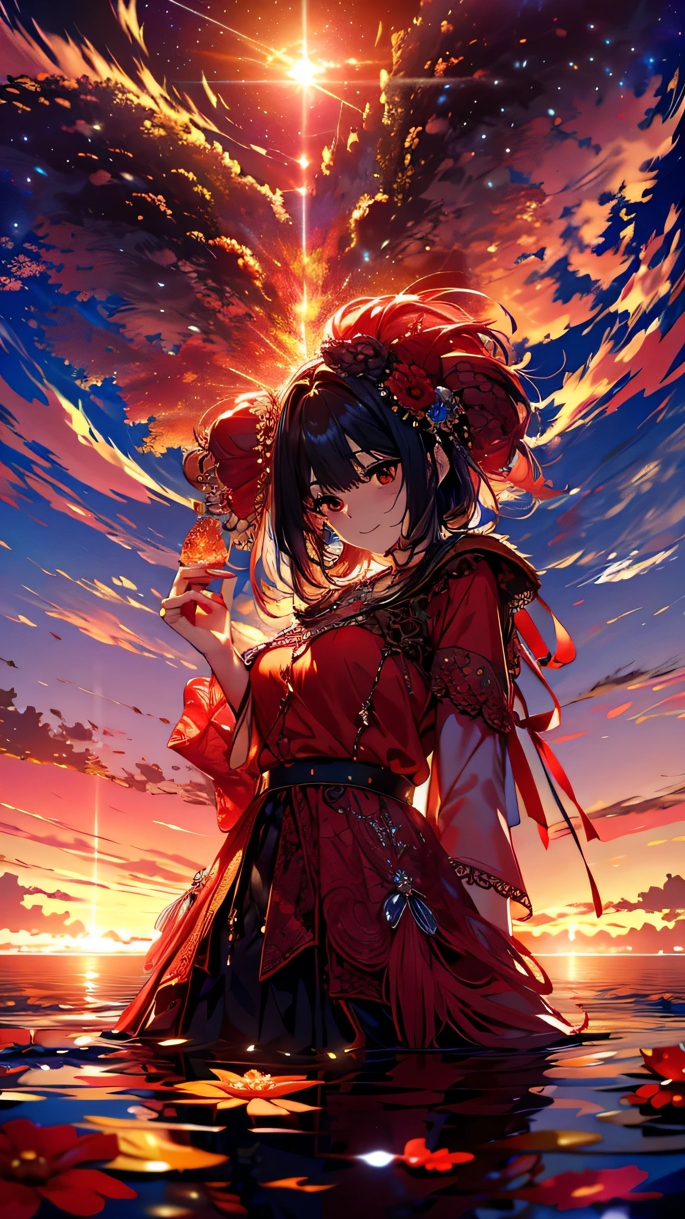 Vast landscape photography, (A view from below overlooking the sky and wild nature), (32K), 1 girl, cute, Ruby Effect, Red Theme, Long black hair, ( Beautiful red eyes:1.4), Eyes Wide Open, eyelash, puppet, (Half closed eyes:0.7), dancing and martial poses on a red and black floral bed with a Flemish dress, Flemish, (Giant Ruby Necklace 1.5)), (Perfect hands:1.4), ((Shining Ruby:1.3)), ((Shining Ruby Gemstone Background)), The pieces fly, Highest quality, Very detailed, masterpiece,,reflection light, high details, uhd, best quality, 16K