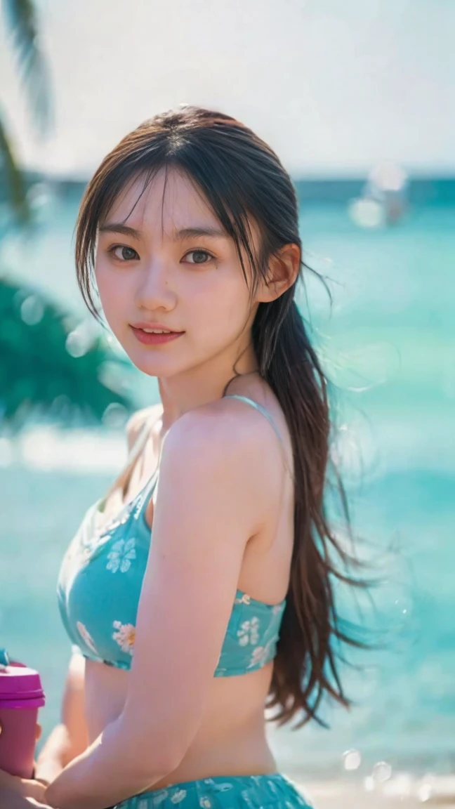 (masterpiece), (Highest quality), (Very detailed),(Disheveled Hair),(shape), (One Girl), (bikini), Are standing, Fashion Model, View your viewers, (interview), (Beach),Beautiful details, Delicate and beautiful face, floating,(High chroma),(Colorful splashes),Colorful bubbles,(The Shining), Focus on the face,  Hair Ring, Floating Flowers, Floating Hair, (The Shining), Best lighting, Best Shadow,