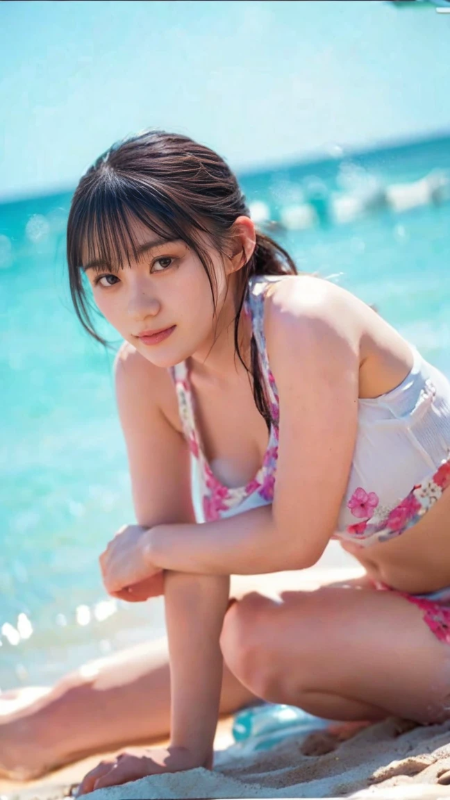 (masterpiece), (Highest quality), (Very detailed),(Disheveled Hair),(shape), (One Girl), (bikini), Are standing, Fashion Model, View your viewers, (interview), (Beach),Beautiful details, Delicate and beautiful face, floating,(High chroma),(Colorful splashes),Colorful bubbles,(The Shining), Focus on the face,  Hair Ring, Floating Flowers, Floating Hair, (The Shining), Best lighting, Best Shadow,