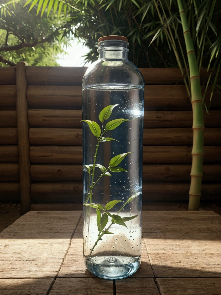 Generate a water bottle, should have a slight curve, similar to a hip, and be a little wider than usual. The bottle must be completely transparent. Fill the bottle with water, and also fill a similar glass of water. The bottle cap must have a bamboo straw integrated into one piece. On both sides of the bottle, place blue flowers and beautiful leaves in the background of the stage. Adjust the lighting to be hyper-realistic, with the light coming from the left side. Make sure everything appears to be in the same place at the same time. High quality image. Bring the camera closer to the bottle, make the bamboo lid with the Carrizo integrated into the design, give the bottle a rounded shape