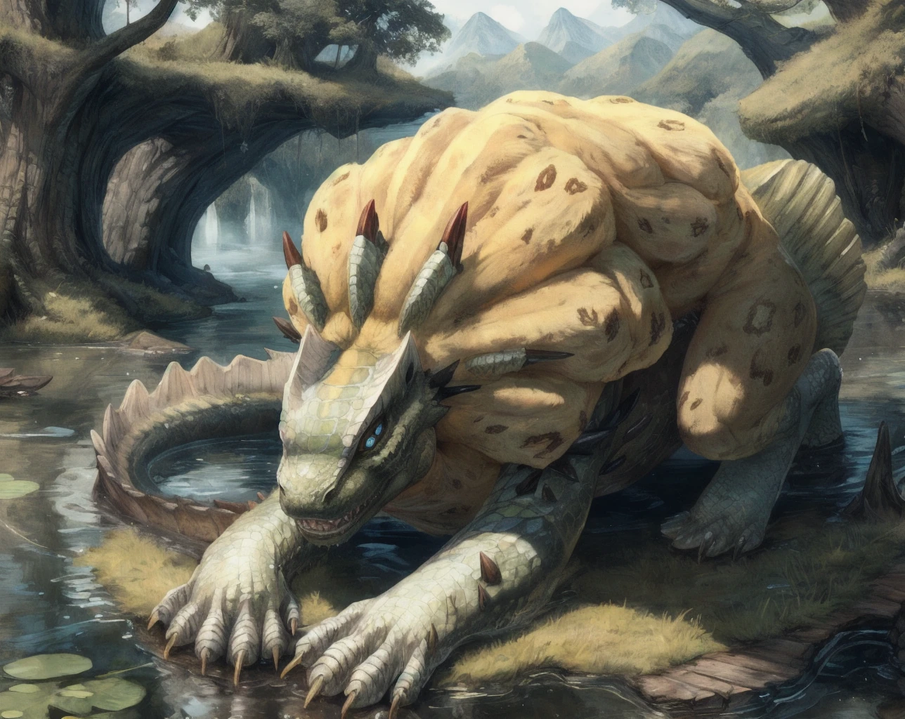 royal ludroth,solo,hi res,soft shading,good anatomy,tail,cinematic lighting,by seraziel,by woolrool,buta99,detailed background,realistic,swamp,blue eyes,red sclera,hands on ground,slit pupils,green accents,white scales, yellow fur,