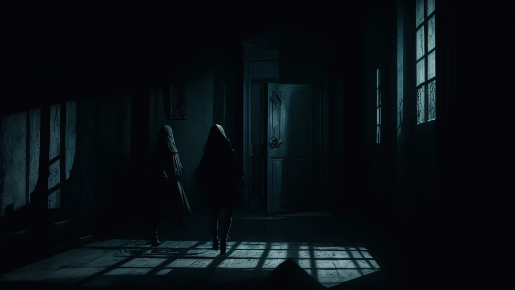 Suddenly, a piercing scream cut through the silence, like the wail of a soul in agony. The teenagers exchanged frightened glances, pale as ghosts. The fear that was once just a tingling sensation now consumed them entirely. Trapped in that cursed house, terror intensified with every step. Shadows danced on the walls, and objects moved as if they had a life of their own. They tried to escape, but the doors and windows were locked. The scene should depict the interior of the haunted mansion with terrified teenagers surrounded by moving shadows, an eerie atmosphere filled with suspense and dread.