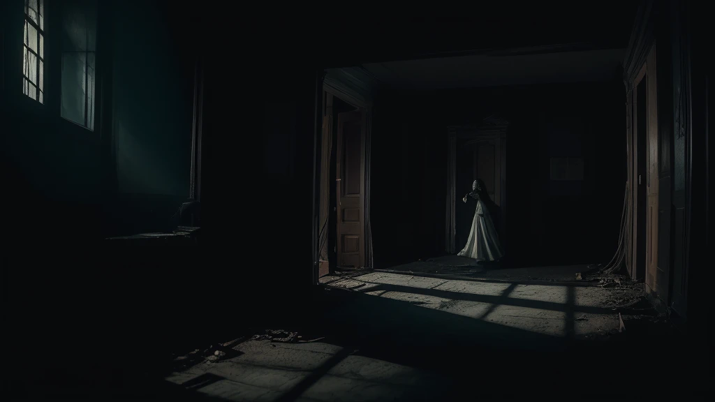 Suddenly, a piercing scream cut through the silence, like the wail of a soul in agony. The teenagers exchanged frightened glances, pale as ghosts. The fear that was once just a tingling sensation now consumed them entirely. Trapped in that cursed house, terror intensified with every step. Shadows danced on the walls, and objects moved as if they had a life of their own. They tried to escape, but the doors and windows were locked. The scene should depict the interior of the haunted mansion with terrified teenagers surrounded by moving shadows, an eerie atmosphere filled with suspense and dread.