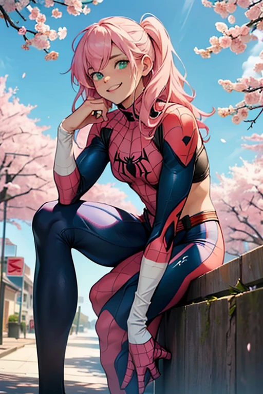 (The image shows a young girl of about 26 years old, with light pink hair that almost reaches her waist. He has green eyes full of mischief and his smile conveys fun and confidence.. He is wearing a kind of Spider-Man suit in white and light pink tones., with some cherry blossoms stamped on it. It is leaning forward, with one arm resting on his thigh, creating a relaxed but confident pose)
