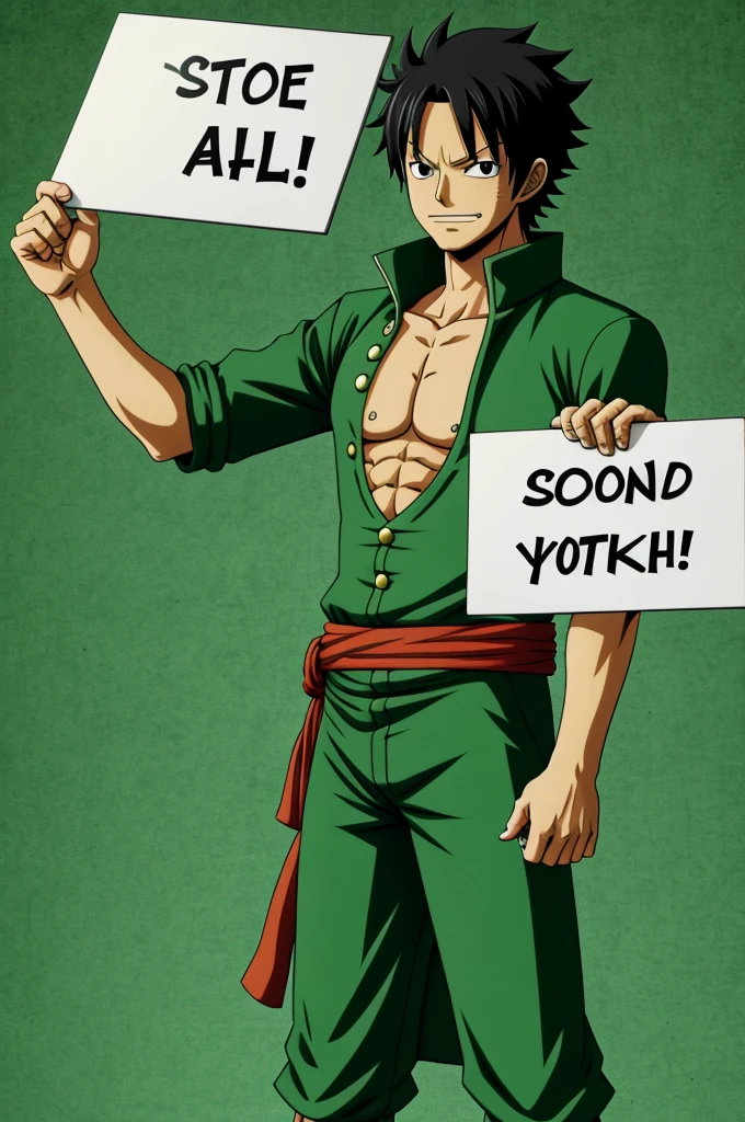 Yamato from one piece holds a sign in green background 
