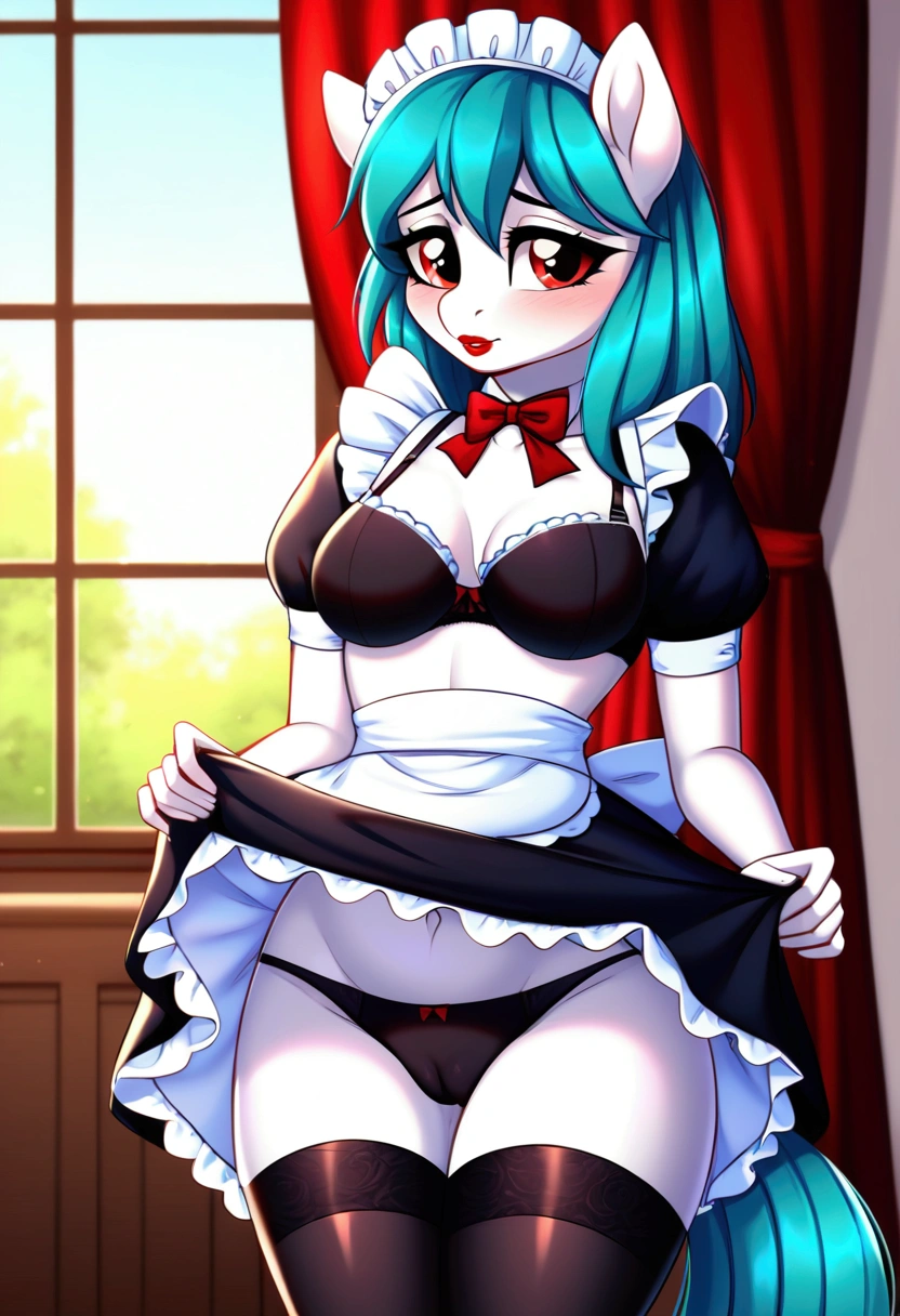 (My little pony), anthro, ((turquoise to white hair gradient)), white body, red eyes, medium breasts, red lips, perfect lines, beautiful quality, room, ((very shy pose)), ((maid costume)), mage hat, radiant light, black stockings, black panties under clothes, big ass, front view, black bra under clothes, cameltoe