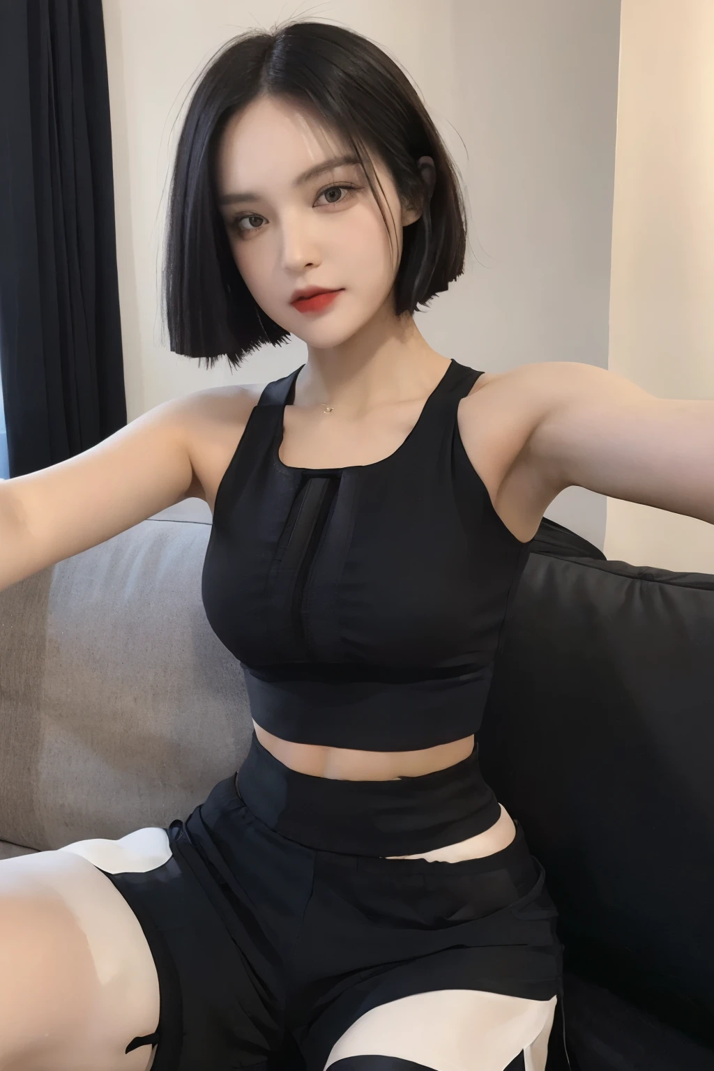((Best Quality, 8K, Masterpiece: 1.3)), Focus: 1.2, (Cinema Filter 1.3) Perfect Body Beauty: 1.4, Buttocks: 1.2, (Layered Haircut: 1.2)), , (Sitting on the Sofa: 1.3), Realistic Dolia From Honor of Kings Face and Skin Texture, Full Body, Detailed Eyes, Double Eyelids, Long Hair, (Round Face: 1.5), (Black Crop Top, Shorts: 1.6), Cleavage, Selfie Angle