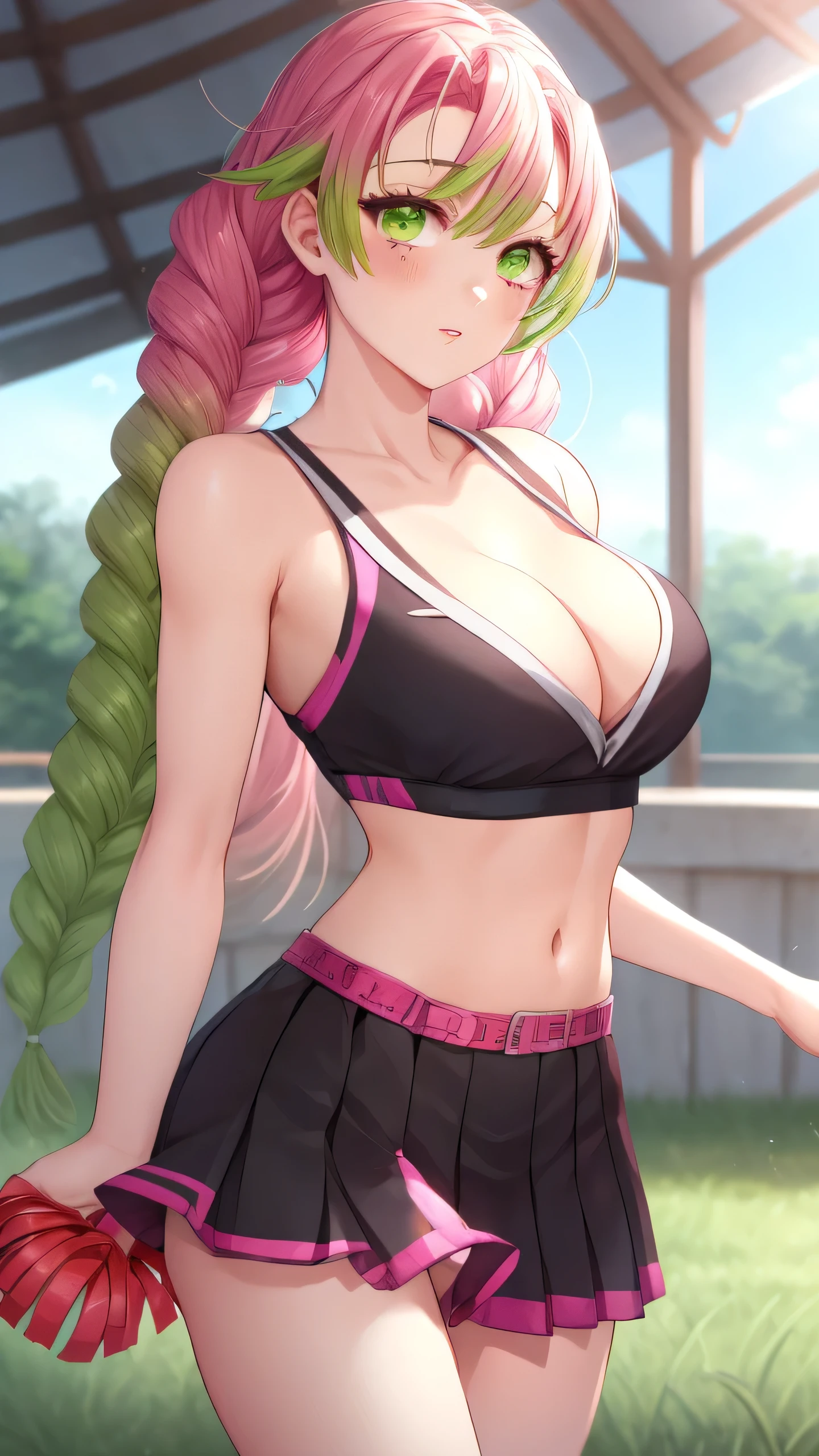 mitsuri(demon slayer), 1girl, a girl with long green-pink gradient hair and green eyes, natural lighting, masterpiece, highly detailed, illustration, game CG, absurdres, high quality, beautiful detailed eyes, pink hair, green hair, gradient hair, multicolored hair, long hair, ponytail, bangs, green eyes, glossy lips, collarbone, cheerleader, midriff, school field