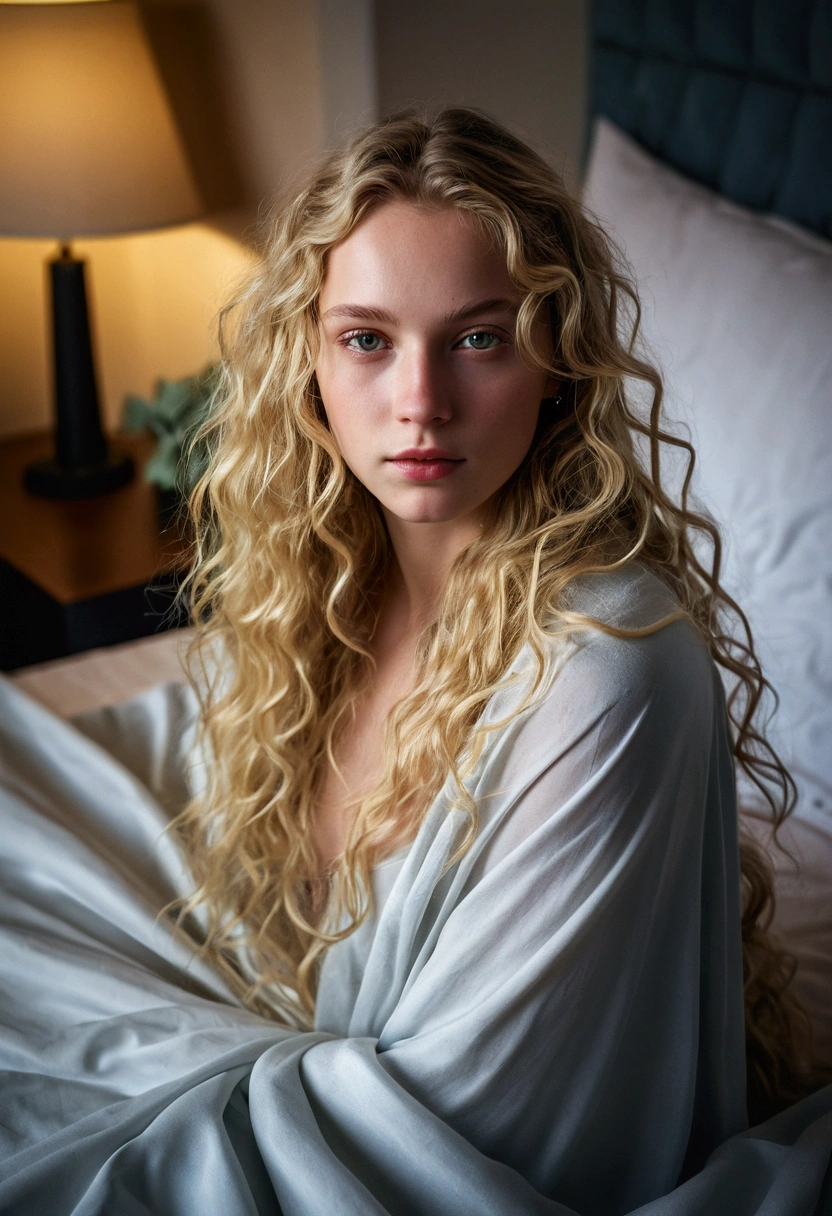 Photo of a 20-year-old European girl, raw, beautiful woman, (extra long wavy blonde hair), ((portrait)), ((detailed face: 1.2)), ((detailed facial features)), (finely detailed skin), pale skin, wrapped in a sheet, bedroom environment, sitting on the bed, (cold color), moist, moist, reflectors, (masterpiece) (perfectly proportioned) (photos realistic) (best quality) (detailed) photographed in a Canon EOS R5, 50mm lens, F/2.8, nfsw, (8K) (wallpaper) (cinematic lighting) (dramatic lighting) (foco nítido) (convoluted) fashion, from above