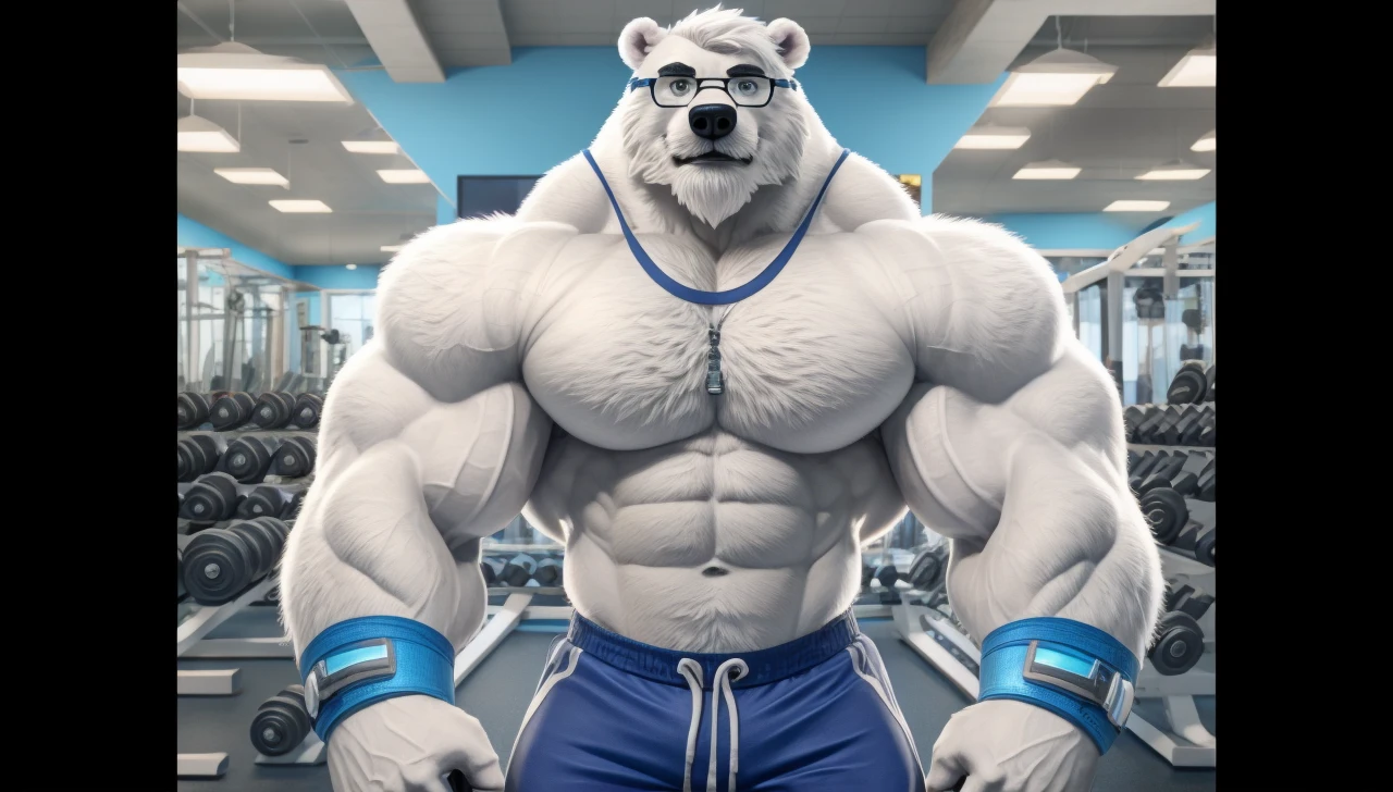solo, 1boy, Huge Muscular White Polar Bear wearing glasses, huge white fur, pectoral, huge pectoral, wide pectoral, short white hair, blue colored short pants, blue colored wristbands and blue colored tank top, white bearded, white Mustache, white fur, black eyebrows, gym fitness center background, masterpiece, high detailed, 8k, high resolution, at the gym, flexes huge thorax, looking at the viewer, acting all hunk