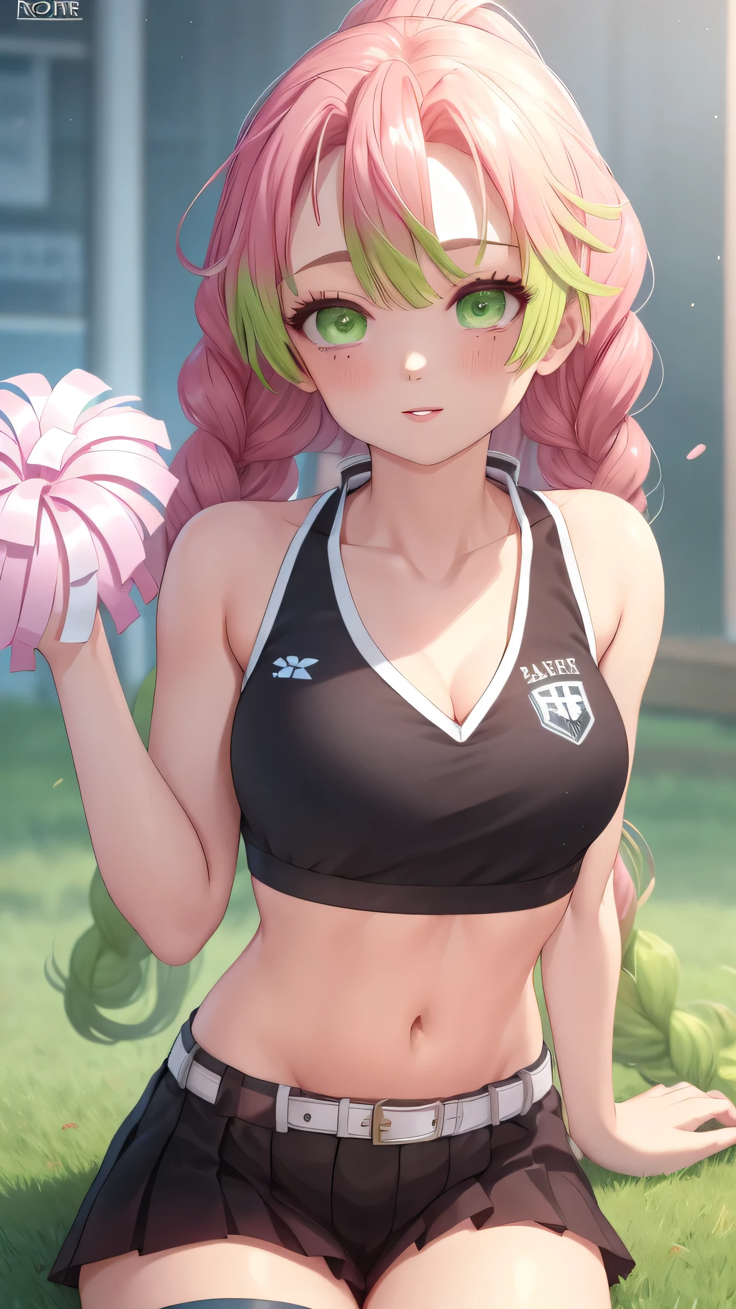 mitsuri(demon slayer), 1girl, a girl with long green-pink gradient hair and green eyes, natural lighting, masterpiece, highly detailed, illustration, game CG, absurdres, high quality, beautiful detailed eyes, pink hair, green hair, gradient hair, multicolored hair, long hair, ponytail, bangs, green eyes, glossy lips, collarbone, cheerleader, midriff, school field