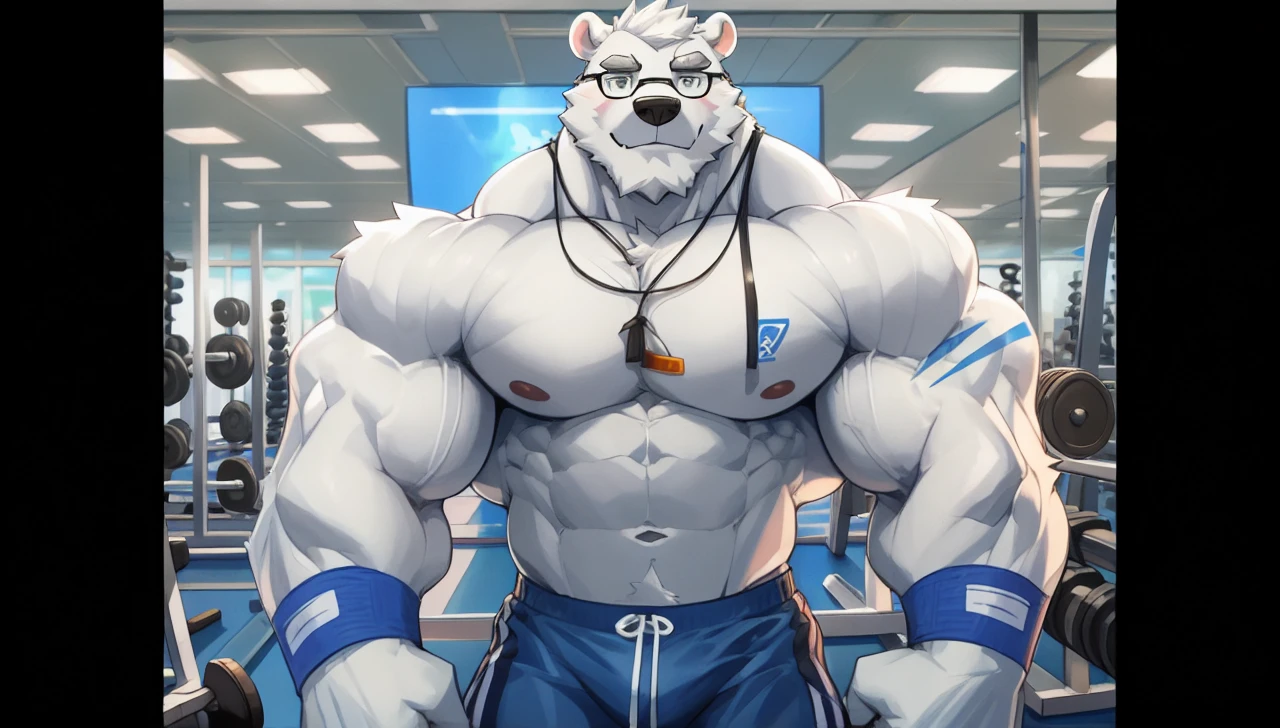 solo, 1boy, Huge Muscular White Polar Bear wearing glasses, huge white fur, pectoral, huge pectoral, wide pectoral, short white hair, blue colored short pants, blue colored wristbands and blue colored tank top, white bearded, white Mustache, white fur, black eyebrows, gym fitness center background, masterpiece, high detailed, 8k, high resolution, at the gym, flexes huge thorax, looking at the viewer, acting all hunk