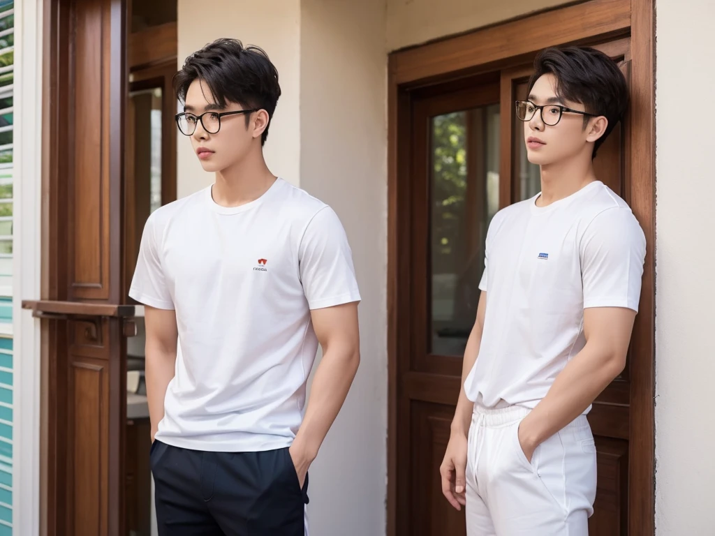 Thai handsome boy , one person white t-shirt,wearing white brief underwear, nude,Standing with turn back to friends, facing halfway, wearing eyes glasses , another person wearing a student uniform,Standing at the iron fence in front of the front door.