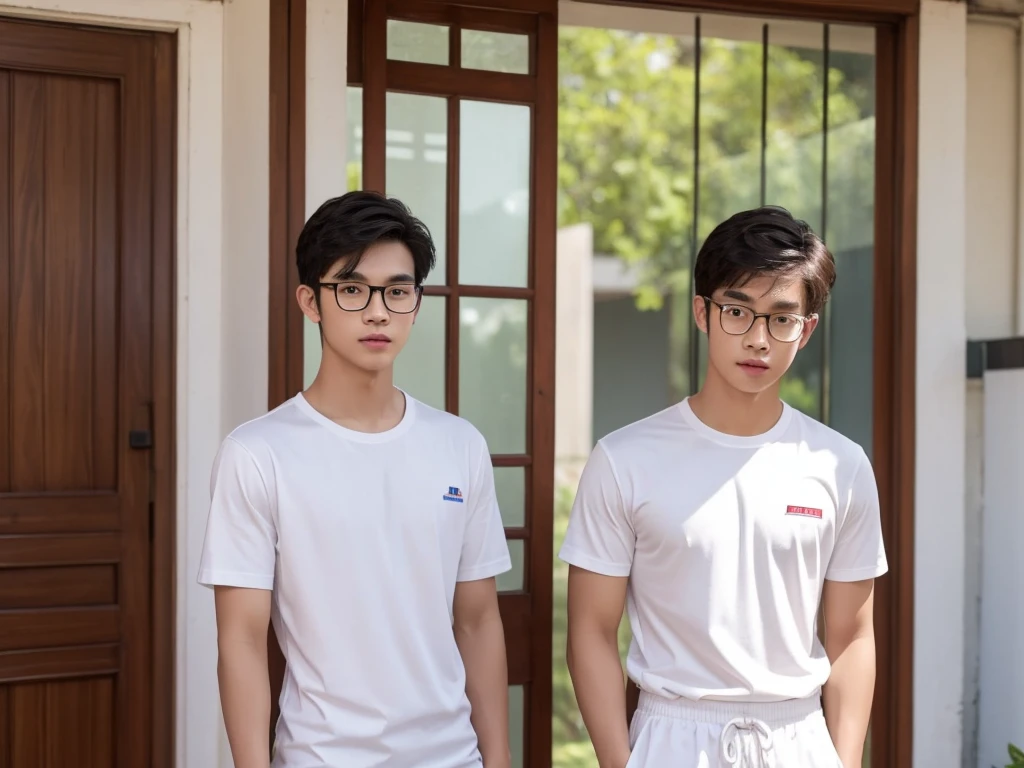 Thai handsome boy , one person white t-shirt,wearing white brief underwear, nude,Standing with turn back to friends, facing halfway, wearing eyes glasses , another person wearing a student uniform,Standing at the iron fence in front of the front door.