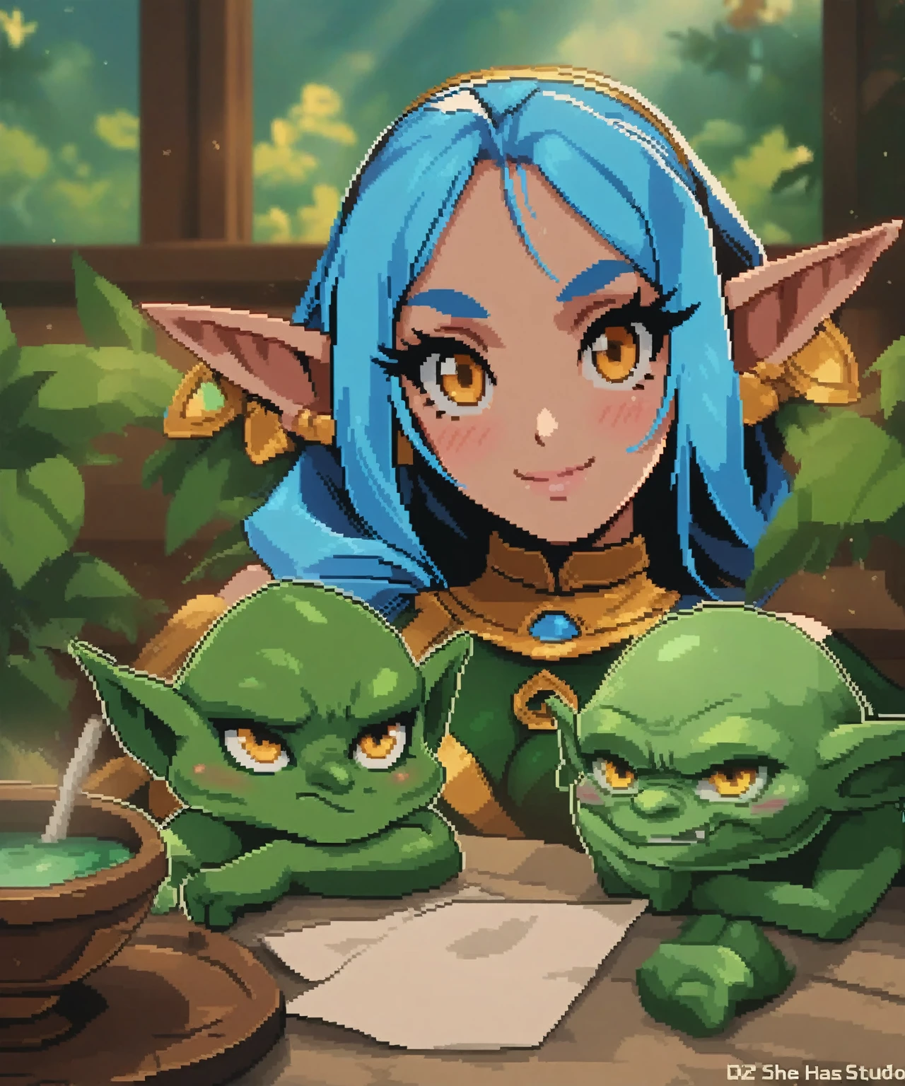 a cartoon picture of a woman with blue hair and a green costume, goblin girl dnd character, elf girl, blue-skinned elf, goblin female portrait, elf with blue skin, 2d art, 2 d art, blue elf made with anime painter studio, nsfw version, painted in anime painter studio, she has elf ears and gold eyes, sexy, wearing a sexy tube top,